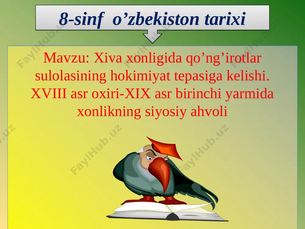 1804—1806) hukmronligi davrida soxta xon chaqirish to’xtatildi. nafaqat to’xtatildi, ayni payida, 1804-yildayoq chetdan chaqirilgan soxta xon abulg’oziyni taxtdan ag’darib,o’zini xon deb e’lon qildi. shu tariqa qo’ng’irotlar sulolasi xiva xonligi taxtini rasman cgalladi. bu sulola 1920-yilga qadar xiva xonligini idora qildi. xiva xonligi bayrog’i 1809-yilda zarb qilingan oltin tanga (xiva) xiva tushunchalar tahlili qo’ng’irot hukmronlik yillari muhammad amin 1770-1790 avaz muhammad inoq 1790-1804 eltuzarxon 1804-1806 muhammad rahimxon i 1806-1825 olloqulixon 1825-1842 rahimqulixon 1843-1846 muhammad aminxon abdullaxon 1846-1855 1855-1856 qutlug’murodxon 1856 said muhammad 1856-1864 muhammad rahimxonii 1864-1910 asfandiyorxon 1910-1918 said abdullaxon 1918-1920 e’tiboringiz uchun rahmat!
