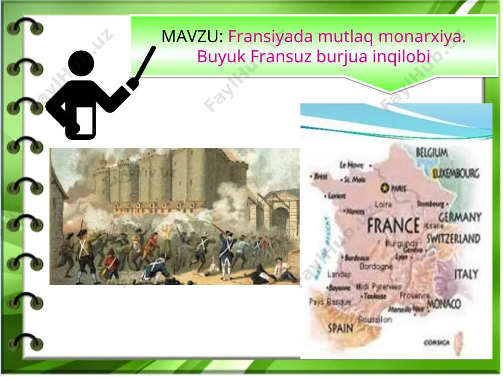 l joriy qilishi, texnik yangiliklarni qo’llab-quvvatlashi orqali erishildi. qirol bilan burjuaziya o'rtasidagi ittifoq mustahkamlanib, xalqning noroziligi ham pasaydi. ichki bozorning kengayishi aholining o‘sishiga olib keldi. inqilob arafasida fransiya aholi soni bo'vicha yevropaning eng katta davlati edi. shu davrda boshlangan islohotlarning amalga oshmay qolishi siyosiy va iqtisodiy islohotlarning absolutizm bilan sig'ishmasligini ko'rsatdi. jamiyatda ijtimoiy ziddiyatlar kuchayib, mamlakat inqilob yoqasiga kelib qoldi . 1789-yil 5-may kuni qirol lyudovik xvi general shtatlar majlisini ochdi. u o’z nutqida aholiga yangi soliqlar joriy qilishni so‘radi. qirolning nutqi uchinchi tabaqa vakillarining noroziligiga sabab bo‘ldi. parijlik aholi ham deputatlardan qat’iy qarorlar talab qilib, versal tomon kela boshladi. shundan so‘ng uchinchi tabaqa deputatlari o‘z yig'ilishini milliy kengash deb e’lon qildi. birinchi va ikkinchi tabaqa deputatlaridan islohot tarafdorlari bo'lganlar ularga qo'shildi. milliy kengash absolutizmni tugatishga qaror qildi. buyuk fransuz burjua inqilobining boshlanishi. lyudovik xvi * fransiyada general shtatlar qaysi yillarda faoliyat ko’rsatgan? a) 1302-1796-yillar b) 1302-1792-yillar c) 1302-1794-yillar d) …