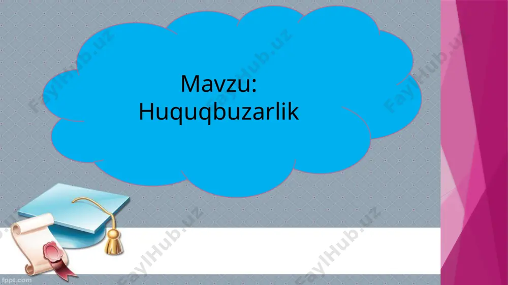 dan iborat majburlov chorasidir. yuqorida aytib o‘tilganidek, jamiyat uchun xavﬂi bo‘lgan har qanday qilm ish huquqbuzarlik deyiladi. huquq normalari barcha ijtimoiy munosabatlarni tartibga soladi. huquqbuzarlik odatda 4 guruhga bo‘linadi: intizomiy huquqbuzarlik; fuqarolik huquqbuzarligi; ma’muriy huquqbuzarlik; jinoiy huquqbuzarlik. intizomiy huquqbuzarlik — xizmat burchini bajarib turganda har qanday mehnatda majburiy bo‘lgan mehnat tartib-qoidalarining va rahbalikka bo‘ysunish tamoyillarining buzilishi. masalan, ishga, o‘qishga kech qolish; ishga yoki o‘qishga sababsiz kelmaslik yoki sababsiz ketib qolish; ishga mast holda, spirtli ichimliklar, narkotik moddalar iste’mol qilgan holda kelish va boshqalar etiborlaring uchun rahmat e’tiboringiz uchun rahmat image1.jpg image2.png image3.png image4.png image5.png image6.png image7.png image8.wmf image9.jpeg