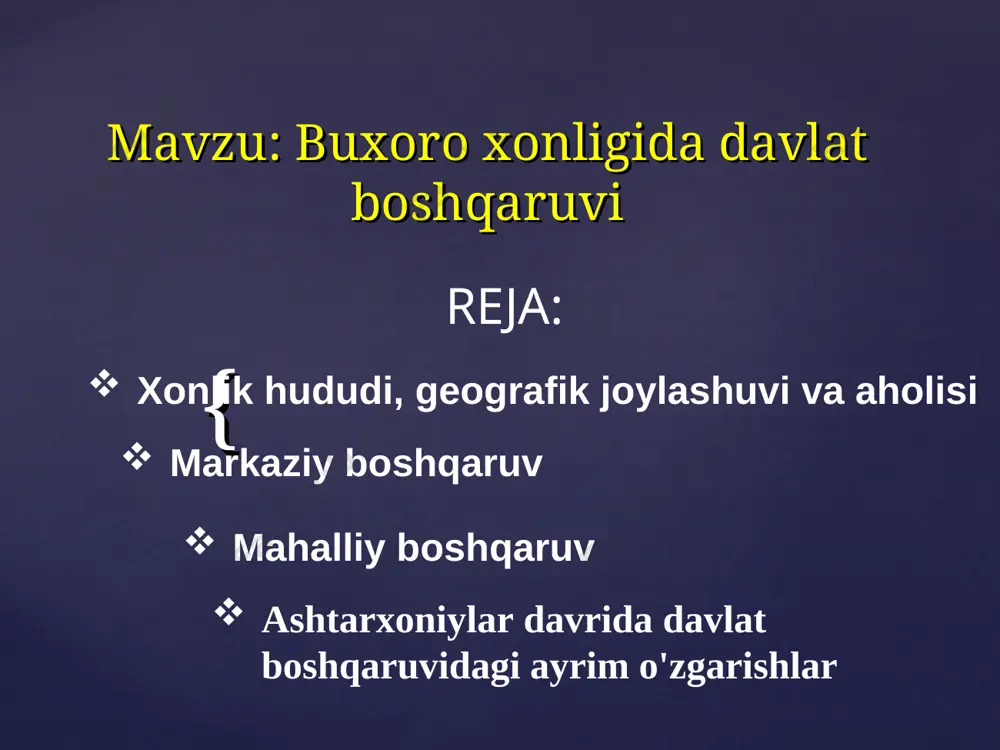 emasdi. bunga dargohdagi mansablar mavqeyining kuchli bo'lmaganligi sabab bo'ldi. otaliq - xon siyosatining viloyatlardagi ta'siri otaliq mansabiga tayinlanganlarning nufuzi bilan belgilangan. xon viloyatlarni shahzodalarga taqsimlab berar ekan, ularga ustoz, rahnamo etib o'z nazoratchisini, ishongan kishisini ta-yinlagan. bunday nazoratchi, ishonchli shaxs otaliq deb atalgan. bu nom otaliq qiluvchi, otasining o'rnini bosuvchi ma'nolarini anglatgan. parvonachi - xon farmonlarini, rasmiy hujjatlarni mas'ul shaxslarga, ijrochilarga yetkazishdan iborat bo'lgan. dodxoh - dargohga tushgan arizalarni qabul qilgan va ularga javob qaytargan. shuningdek, dodxoh mamlakatda adolat mezonlariga amal qilinishini ham nazorat qilib borgan. ko'kaldosh - xon sulolasiga eng yaqin shaxslardangina tayinlangan. ko'kaldosh xon siyosatiga fuqarolarning munosabatini o'rgangan va bu siyosatning daxlsizligini ta'minlagan xon yasovuli - xon va shahzodalar o'rtasidagi munosabatlar masalasi bilan shug’illangan shayxulislom - shariat qonunlari bajarilishi ustidan nazoratni amalga oshirgan. qozikalon (bosh qozi) - barcha bosqichlardagi sudlov ishlariga boshchilik qilgan. muhtasib (rais) - mamlakatda jamoat tartibining saqlanishi, diniy marosim va amallarga rioya etilishi, bozorlarda narx-navo …