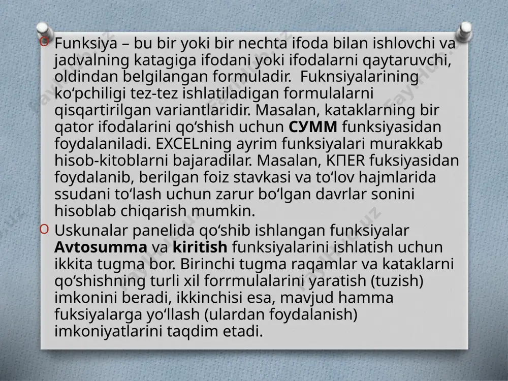 lar bo‘yicha o‘tkazib o‘zgartirishingiz mumkin. shunda funksiyadagi kataklarning diapazoni avtomatik tarzda o‘zgaradi. jadvalning turli qismlarida joylashgan kataklarni umumlashtirib ajratish paytida qo‘shimcha ravishda ctrl tugmachasi bosiladi va uni bosilgan holatda ushlab turiladi va sichqonchaning tugmasi bilan kerakli kataklar topiladi. hamma formulalar kiritib bo’lingach, jadval quyidagi shaklga kiradi: funksiyalar ustasidan foydalanish ish varag‘iga kompyuterga qo‘shib ko‘rilgan funksiyalarni kiritish uchun uskunalar panelidagi funksiya kiritilsin tugmasi ishlatiladi. buning uchun, avvalo, katakni ajratish va shu tugmani chertish kerak. ekranda funksiya ustasining ikkita toifa va funksiya maydonlari (hoshiyalari) dan iborat bo‘lgan darchasi paydo bo‘ladi. birinchi maydondan bo‘lim o‘ng tarafdagisidan esa funksiyaning o‘zi tanlanadi. «10ta yaqinda ishlatilganlari» bo‘limiga ahamiyat berish kerak. bu bo‘limda foydalanuvchi oxirgi paytlarda ular bilan ishlagan funksiyalar eslab qolinadi. maydonlarning pastidan tanlangan funksiyaning bichimi va funksiya bajaradigan harakatlarning qisqacha ta’rifi (annotatsiyasi) beriladi. ko‘pincha bu axborot yetarli bo‘lmaydi. shuning uchun darchaning pastki chap burchagidagi tugmasini chertib foydalanish mumkin. ekranda tanlangan funksiya bo‘yicha to‘liq ma‘lumot beriladi. …
