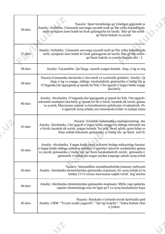 irgan holda orqaga va oldinga tebranish mashqlari (kacheli); g‘ujanak bo‘lib o‘tirish; kurakda tik turish; gimnastika o‘rindig‘ida qo‘llarni bukish va yozish, muvozanat saqlash va koordinatsion qobiliyatni rivojlantirish. polda, oyoqlarda qo‘l holatlarini o‘zgartirib oyoq uchida yon tomonlarda (ichki va tashqi) tomonlarda yurishlar; 1 41-dars nazariy: ertalabki badantarbiya mashqlarinining ahamiyati. amaliy: akrobatika. cho‘qqayib o‘tirgan holda orqaga va oldinga tebranish mashqlari (kacheli); g‘ujanak bo‘lib o‘tirish; kurakda tik turish; yotgan holatda “ko‘prik” hosil qilish, qorin bilan yotgan holda ikki oyoq uchini qo‘l bilan ushlab tebranish; gimnastika o’rindig’ida qo’llarni turli holatda tutib yurish; 1 42-dars amaliy: akrobatika. yotgan holda oyoq uchlarini boshga tekkazishga harakat qilish; ikki qo‘lni matga qo‘yib o‘tirgan holda oldinga umbaloq oshishni o’rgatish(o’qituvchi yordamida); gimnastika o‘rindig‘ida qo‘llarni bukish va yozish; gimnastika o’rindig’ida qo’llarni harakatlantirib yurish; gimnastik o‘rindiq ustida oyoq uchida yurish; gimnastik o‘rindig‘ida turgan joydan yuqoriga sakrab oyoq uchida yumshoq tushish; 1 43-dars nazariy: salomatlikni mustahkamlashda jismoniy tarbiyaning ahamiyati. amaliy: akrobatika elementlaridan gimnastika majmuasi; …
