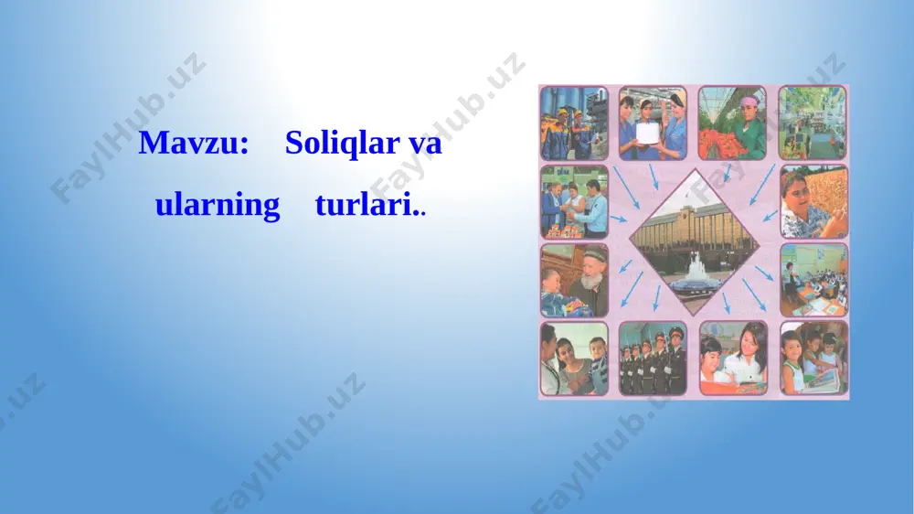 da o‘tgan yilgi barcha daromadlar va undan to‘langan soliq miqdori ko‘rsatilgan bo‘lishi kerak. savollar: soliqlarni joriy qilishdan maqsad nima? soliqlar yordamida qanday qilib aholi daromadlari qayta taqsimlanadi? korxonalardan qanday soliqlar olinadi? fuqarolardan-chi? bevosita va bilvosita soliqlarning bir-biridan farqi nimada? soliqlarni to‘la hajmda va vaqtida to‘lash shartmi? har bir soliq to‘lovchi luqmasi halol bo‘lishi uchun, avvalambor, nima qilishi zarur, deb o'ylaysiz? davlat soliqdan to'plangan mablag‘larni qanday maqsadlarga yo'naltiradi? e’tiboringiz uchun rahmat! 15 image1.jpeg image2.png image3.jpeg image4.jpeg image5.jpeg image6.jpeg image7.jpeg image8.jpeg image9.jpeg image10.jpeg image11.jpeg image12.jpeg