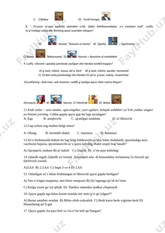iy b. [image: c:\users\2016\appdata\local\microsoft\windows\inetcache\content.word\muzayyana-alaviya.jpg]muzayyana alaviya c. [image: c:\users\2016\appdata\local\microsoft\windows\inetcache\content.word\2018-10-15-20-07-07--1556304937.jpg] muqimiy d. [image: c:\users\2016\appdata\local\microsoft\windows\inetcache\content.word\ogahiy.jpg]ogahiy 6.zamonasining ahli adabi va ahli fuzalosi uni “malik ul-kalom”, ya’ni “so’z podshosi” deb e’zozlagan.gap qaysi adib haqida bormoqda? b. a) a.navoiy [image: c:\users\2016\appdata\local\microsoft\windows\inetcache\content.word\2018-10-15-19-37-56-1770217060.jpg] b) lutfiy[image: d:\1. jamoliddinxon-tegmang\0. slaydlar - 5-9 adabiyot\3. ijod ahli\8-sinf\3. lutfiy\zagrujeno (4).jpg] c) [image: ] bobur d) yusuf hos hojib [image: ] 7 “mavlona lutfiy o’z zamonasining malik ul kalomi erdi, forsiy va turkiyda naziri yo’q erdi va turkcha devoni mashhurdir”. lutfiyga ushbu ta’rif kim tomonidan berilgan? a) zavqiy [image: ] b)alisher navoiy [image: c:\users\2016\appdata\local\microsoft\windows\inetcache\content.word\2018-10-15-19-37-56-1770217060.jpg] c. c)bobur [image: ] d) turdi farogiy [image: ] 8. “…to’qson to’qqiz yoshida olamdan o’tdi. qabri dehikanordadur, o’z maskani erdi”. lutfiy to’g’risidagi ushbu fikr kimning qaysi asaridan olingan? a) [image: c:\users\2016\appdata\local\microsoft\windows\inetcache\content.word\2018-10-15-19-37-56-1770217060.jpg] navoiy “xazoyin ul-moniy” b) ogahiy [image: c:\users\2016\appdata\local\microsoft\windows\inetcache\content.word\ogahiy.jpg] « ogohnoma » c) bobur [image: ] “boburnoma” d) [image: c:\users\2016\appdata\local\microsoft\windows\inetcache\content.word\2018-10-15-19-37-56-1770217060.jpg] navoiy « nasoyim ul-muhabbat 9. lutfiy «devoni» qanday janrlarda yozilgan she‘rlardan …