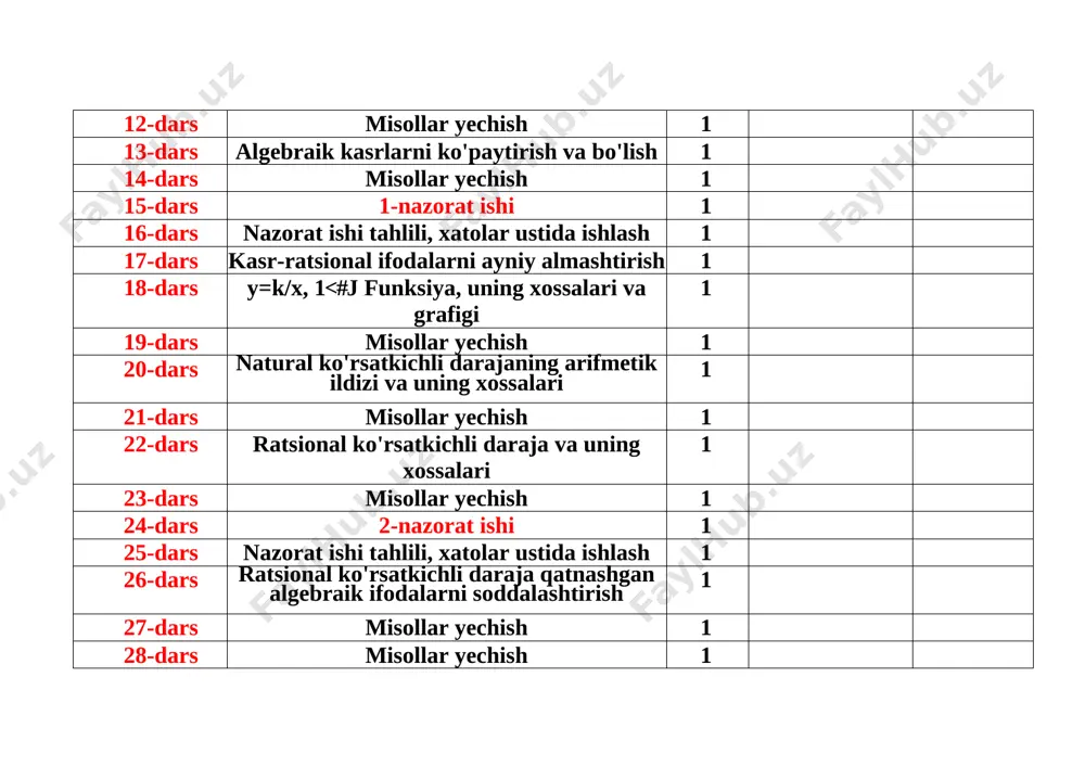 yechish 1 iii chorak 48-dars sonning moduli. modul qatnashgan tenglama va tengsizliklar 1 49-dars misollar yechish 1 50-dars taqribiy hisoblashlar. miqdorlarning taqribiy qiymatlari. yaqinlashish xatoligi 1 51-dars xatolikni baholash 1 52-dars sonlarni yaxlitlash 1 53-dars nisbiy xatolik 1 54-dars 5-nazorat ishi 1 55-dars nazorat ishi tahlili, xatolar ustida ishlash 1 56-dars loyiha ishi bo'yicha mashg'ulot. amaliy-tatbiqiy masalalarni yechish 1 57-dars kvadrat tenglama va uning ildizlari 1 58-dars misollar yechish 1 59-dars chala kvadrat tenglamalar va ularni yechish 1 60-dars misollar yechish 1 61-dars kvadrat tenglamalarning ildizlarini topish formulalari. diskriminant 1 62-dars misollar yechish 1 63-dars viyet teoremasi. kvadrat uchhad. kvadrat uchhadni chiziqli ko'paytuvchilarga ajratish 1 64-dars misollar yechish 1 65-dars misollar yechish 1 66-dars 6-nazorat ishi 1 67-dars nazorat ishi tahlili, xatolar ustida ishlash 1 68-dars bikvadrat tenglama. kvadrat tenglamaga keltiriladigan tenglamalar 1 69-dars misollar yechish 1 70-dars misollar yechish 1 71-dars kvadrat tenglamalar yordamida masalalar yechish. 1 72-dars misollar …