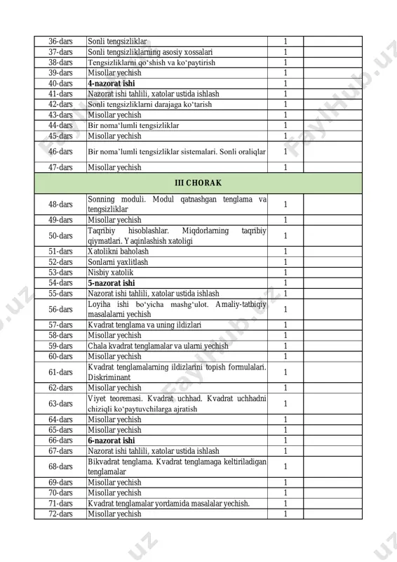 8-dars sonning moduli. modul qatnashgan tenglama va tengsizliklar 1 49-dars misollar yechish 1 50-dars taqribiy hisoblashlar. miqdorlarning taqribiy qiymatlari. yaqinlashish xatoligi 1 51-dars xatolikni baholash 1 52-dars sonlarni yaxlitlash 1 53-dars nisbiy xatolik 1 54-dars 5-nazorat ishi 1 55-dars nazorat ishi tahlili, xatolar ustida ishlash 1 56-dars loyiha ishi bo‘yicha mashg‘ulot. amaliy-tatbiqiy masalalarni yechish 1 57-dars kvadrat tenglama va uning ildizlari 1 58-dars misollar yechish 1 59-dars chala kvadrat tenglamalar va ularni yechish 1 60-dars misollar yechish 1 61-dars kvadrat tenglamalarning ildizlarini topish formulalari. diskriminant 1 62-dars misollar yechish 1 63-dars viyet teoremasi. kvadrat uchhad. kvadrat uchhadni chiziqli ko‘paytuvchilarga ajratish 1 64-dars misollar yechish 1 65-dars misollar yechish 1 66-dars 6-nazorat ishi 1 67-dars nazorat ishi tahlili, xatolar ustida ishlash 1 68-dars bikvadrat tenglama. kvadrat tenglamaga keltiriladigan tenglamalar 1 69-dars misollar yechish 1 70-dars misollar yechish 1 71-dars kvadrat tenglamalar yordamida masalalar yechish. 1 72-dars misollar yechish 1 iii chorak …