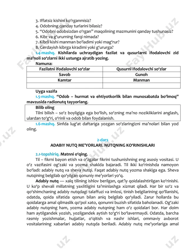 izdan o‘rgan” maqolining mazmunini qanday tushunasiz? 6. kibr va g‘ururning farqi nimada? 7. kibrli kishi manman bo‘ladimi yoki mag‘rur? 8. gerdayish kibrga kiradimi yoki g‘ururga? 1.4-mashq. kishilarda uchraydigan fazilat va qusurlarni ifodalovchi zid ma’noli so‘zlarni ikki ustunga ajratib yozing. namuna: fazilatni ifodalovchi so‘zlar qusurni ifodalovchi so‘zlar savob gunoh kamtar manman uyga vazifa 1.5-mashq. “odob – hurmat va ehtiyotkorlik bilan munosabatda bo‘lmoq” mavzusida radionutq tayyorlang. bilib oling tilni bilish – so‘z boyligiga ega bo‘lish, so‘zning ma’no nozikliklarini anglash, ulardan to‘g‘ri, o‘rinli va odob bilan foydalanish. 1.6-mashq. sinfda lug‘at daftariga yozgan so‘zlaringizni ma’nolari bilan yod oling. 2-dars adabiy nutq me’yorlari. nutqning ko‘rinishlari 2.1-topshiriq. matnni o‘qing. til – fikrni bayon etish va o‘zgalar fikrini tushunishning eng asosiy vositasi. u o‘z vazifasini og‘zaki va yozma shaklda bajaradi. til ikki ko‘rinishda namoyon bo‘ladi: adabiy nutq va sheva nutqi. faqat adabiy nutq yozma shaklga ega. sheva nutqining belgilab qo‘yilgan qonuniy me’yorlari yo‘q. adabiy nutq — xalq …