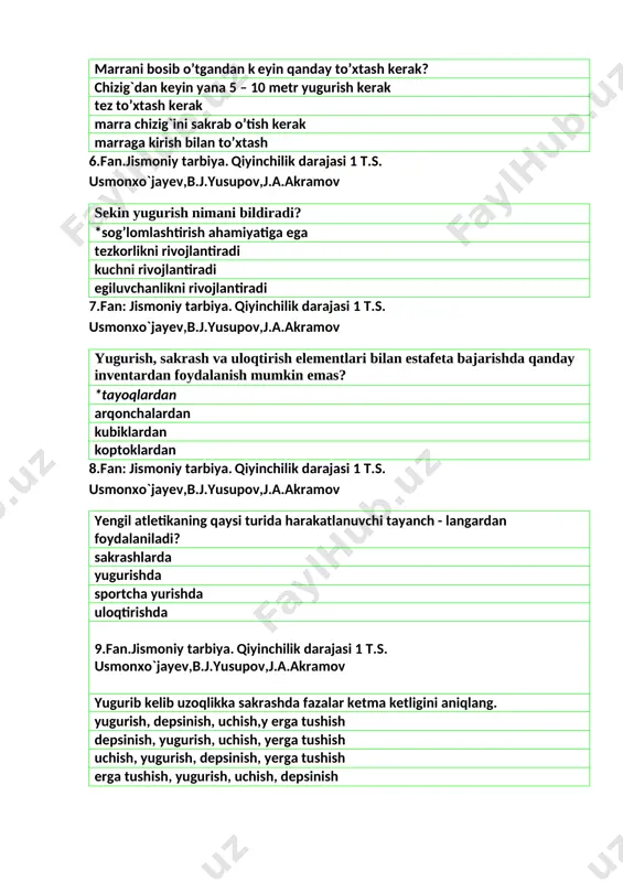 chish, yugurish, depsinish, yerga tushish erga tushish, yugurish, uchish, depsinish 10.fan: jismoniy tarbiya. qiyinchilik darajasi 1 t.s. usmonxo`jayev,b.j.yusupov,j.a.akramov 1- olimpiadaning mezboni qaysi davlat edi? gretsiya indiya angliya amerika 11.fan: jismoniy tarbiya. qiyinchilik darajasi 1 t.s. usmonxo`jayev,b.j.yusupov,j.a.akramov 42 km 195 metrga yugurishni nimaligini aniqlang? marafon kross stadionning uzunligi 24 stadiyga yugurish 12.fan: jismoniy tarbiya. qiyinchilik darajasi 1 t.s. usmonxo`jayev,b.j.yusupov,j.a.akramov yugurishda yuqori texnikani ko’rsatishning omillaridan biriga nima kiradi? yugurishning to’g’ri chiziqligi zigzag ko’rnishli yugurish kichik qadamlar bilan yugurish tempni almashtirib yugurish 13.fan: jismoniy tarbiya. qiyinchilik darajasi 1 t.s. usmonxo`jayev,b.j.yusupov,j.a.akramov mushaklarning faoliroq samarada ishlashi uchun nima yaxshiroq sharoit yaratadi? *erkin yugurishni bilish, zaruratlarsiz kuchli xayajoanganda bosim ostida yugurish tishlanib olib yugurish 14.fan: jismoniy tarbiya. qiyinchilik darajasi 1 t.s. usmonxo`jayev,b.j.yusupov,j.a.akramov yugurish fazalarini aniqlang. start, start tezlanishi, masofa bo’ylab yugurish, marra marra, start, start tezlanishi, masofa bo’ylab yugurish start, marra, masofa bo’ylab yugurish, start tezlanishi start tezlanishi, marra, masofa bo’ylab yugurish, start 15.fan: jismoniy tarbiya. …