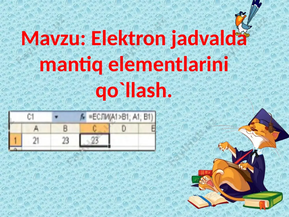 5 d) 0 2.excelda formula yozish uchun avval qaysi belgi yoziladi? a) $ belgisi b) # belgisi c) = belgisi d) ! belgisi 3. excelda berilgan formulaning natijasini aniqlang. =ili(stepen(3;4)>80 maks(15;10;30)<30 a) loj b)istina c)0 d)1 4.excelda a1=5, b3=4 bo'lsa, e5 katakchadagi "=makc(4*a1;b3*a1; 9; 14)" natijasi necha? a) 14 b) 9 c) 20 d) to'g'ri javob yo'q uyga vazifa mavzuni o`rganish image2.png image3.gif image4.png image5.png image6.png image7.gif image1.jpeg