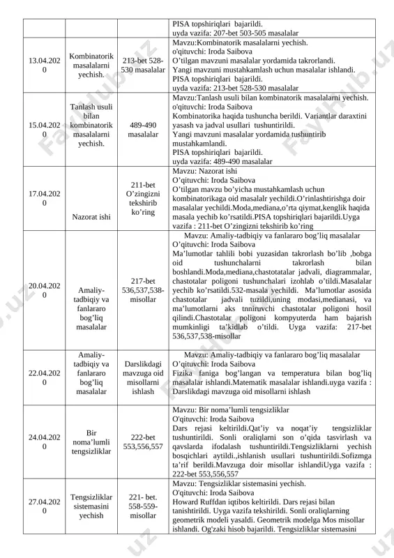 n mavzu mustahkamlandi. pisa topshiriqlari bajarildi. uyda vazifa: 494-495 mashqlar 10.04.2020 o’rinlashtirish va guruhlash. 207-bet 503-505 masalalar mavzu:o’rinlashtirish va guruhlash. o'qituvchi: iroda saibova o’tilgan mavzu takrorlab masala yechildi. yangi mavzu tushuntirildi qoidalari asosida o’quvchilarga masalalar ishlab ko’rsatildi. yangi mavzuni mustahkamlash uchun masalalar ishlandi. to’plam haqida ma’lumot berildi. yangi mavzuni masalalar yordamida tushuntirilib qoidalarini aytib o’tildi. qo’shish qoidasi, ko’paytirish qoidasilariga oid misollar ishlandi. faktorial haqida tushuncha berildi.masalalar yordamida o’tilgan mavzu mustahkamlandi. pisa topshiriqlari bajarildi. uyda vazifa: 207-bet 503-505 masalalar 13.04.2020 kombinatorik masalalarni yechish. 213-bet 528-530 masalalar mavzu:kombinatorik masalalarni yechish. o'qituvchi: iroda saibova o’tilgan mavzuni masalalar yordamida takrorlandi. yangi mavzuni mustahkamlash uchun masalalar ishlandi. pisa topshiriqlari bajarildi. uyda vazifa: 213-bet 528-530 masalalar 15.04.2020 tanlash usuli bilan kombinatorik masalalarni yechish. 489-490 masalalar mavzu:tanlash usuli bilan kombinatorik masalalarni yechish. o'qituvchi: iroda saibova kombinatorika haqida tushuncha berildi. variantlar daraxtini yasash va jadval usullari tushuntirildi. yangi mavzuni masalalar yordamida tushuntirib mustahkamlandi. pisa topshiriqlari bajarildi. uyda vazifa: …