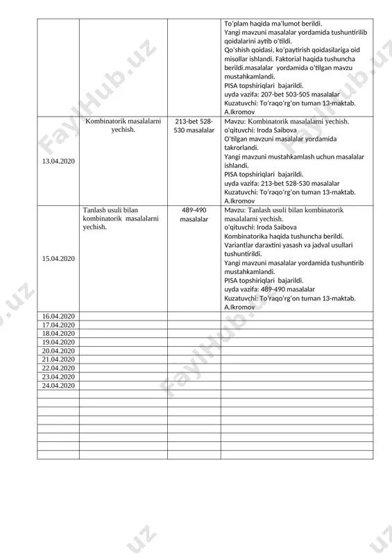 i. pisa topshiriqlari bajarildi. uyda vazifa: 494-495 mashqlar kuzatuvchi: to’raqo’rg’on tuman 13-maktab. a.ikromov 10.04.2020 o’rinlashtirish va guruhlash. 207-bet 503-505 masalalar mavzu: o’rinlashtirish va guruhlash. o'qituvchi: iroda saibova o’tilgan mavzu takrorlab masala yechildi. yangi mavzu tushuntirildi qoidalari asosida o’quvchilarga masalalar ishlab ko’rsatildi. yangi mavzuni mustahkamlash uchun masalalar ishlandi. to’plam haqida ma’lumot berildi. yangi mavzuni masalalar yordamida tushuntirilib qoidalarini aytib o’tildi. qo’shish qoidasi, ko’paytirish qoidasilariga oid misollar ishlandi. faktorial haqida tushuncha berildi.masalalar yordamida o’tilgan mavzu mustahkamlandi. pisa topshiriqlari bajarildi. uyda vazifa: 207-bet 503-505 masalalar kuzatuvchi: to’raqo’rg’on tuman 13-maktab. a.ikromov 13.04.2020 kombinatorik masalalarni yechish. 213-bet 528-530 masalalar mavzu: kombinatorik masalalarni yechish. o'qituvchi: iroda saibova o’tilgan mavzuni masalalar yordamida takrorlandi. yangi mavzuni mustahkamlash uchun masalalar ishlandi. pisa topshiriqlari bajarildi. uyda vazifa: 213-bet 528-530 masalalar kuzatuvchi: to’raqo’rg’on tuman 13-maktab. a.ikromov 15.04.2020 tanlash usuli bilan kombinatorik masalalarni yechish. [bookmark: _goback]489-490 masalalar mavzu: tanlash usuli bilan kombinatorik masalalarni yechish. o'qituvchi: iroda saibova kombinatorika haqida tushuncha berildi. variantlar …