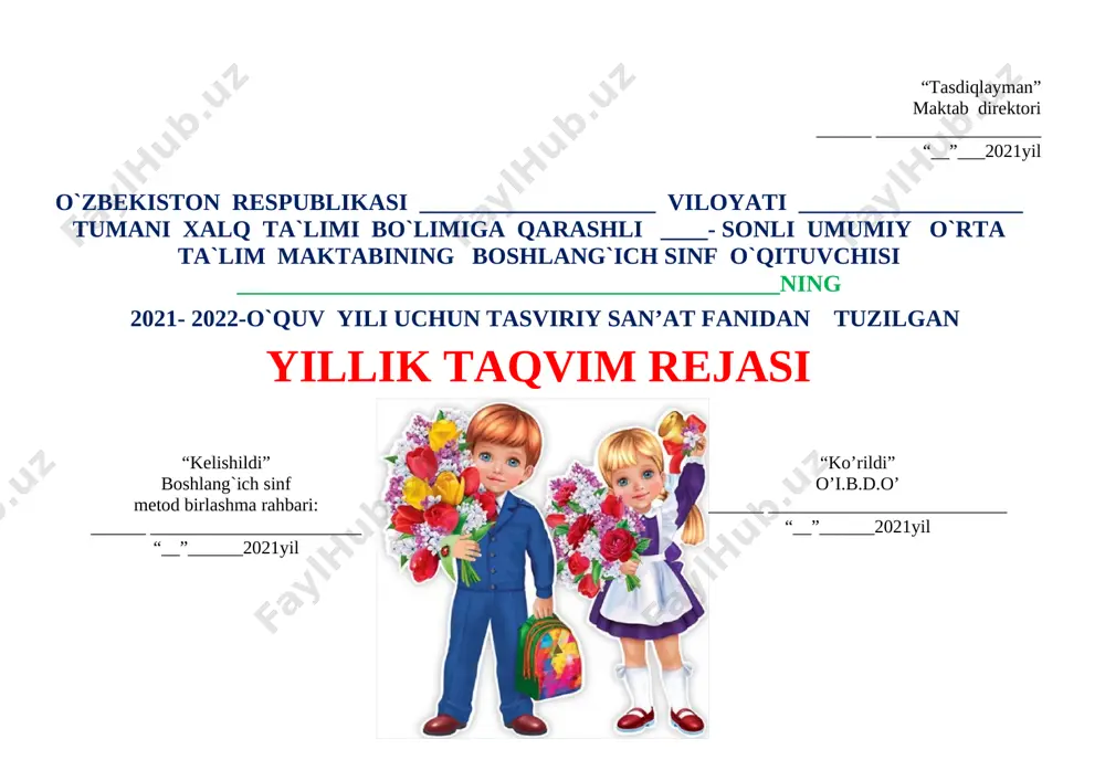 ra olishga o‘rgatish; texnika va texnologiyalarning takomillashib borishi asosida fanlar integratsiyasini hisobga olgan holda to‘g‘ri va ongli kasb tanlashga yo‘naltirish; tayanch va fanga oid kompetensiyalarni shakllantirish hamda rivojlantirishdan iborat. tasviriy san’at fani boshlang‘ich ta’lim yo‘nalishida umumlashgan holda, quyidagi tartibda o‘qitiladi: 1–4-sinf · tasvir ishlashga ijodiy yondashish; · asosiy ranglar (qizil, sariq, ko‘k)ni bilish; · asosiy ranglardan hosila ranglarni hosil qilish; · qalam, qog‘oz, bo‘yoq, mo‘yqalam va loy, plastilin, stek (xaykaltaroshlik pichoqchasi)dan to‘g‘ri foydalanish usullarini bilish; · tasvir mazmuniga ko‘ra qog‘oz holatini mos (tik yoki yotiq) tarzda tanlay olish. o‘quvchilarda shakllantiriladigan tayanch kompetensiyalarning elementlari: kommunikativ kompetensiya: a1 tasviriy san’at faniga oid atamalarni muloqot jarayonida qo‘llay olish; mavzu bo‘yicha savollar berish hamda savollarga javob berish; muloqotda muomala odobiga rioya qilish, suhbatdoshining fikrini tinglay olish, o‘z fikrini tushuntira bilish; maktabda, ko‘chada, uydagi turli vaziyatlarda o‘zini tuta olish; muloqotga kirishishda muomala madaniyatiga rioya qilish. a2 mavzudan kelib chiqib savollarni mantiqan to‘g‘ri qo‘ya olish va …