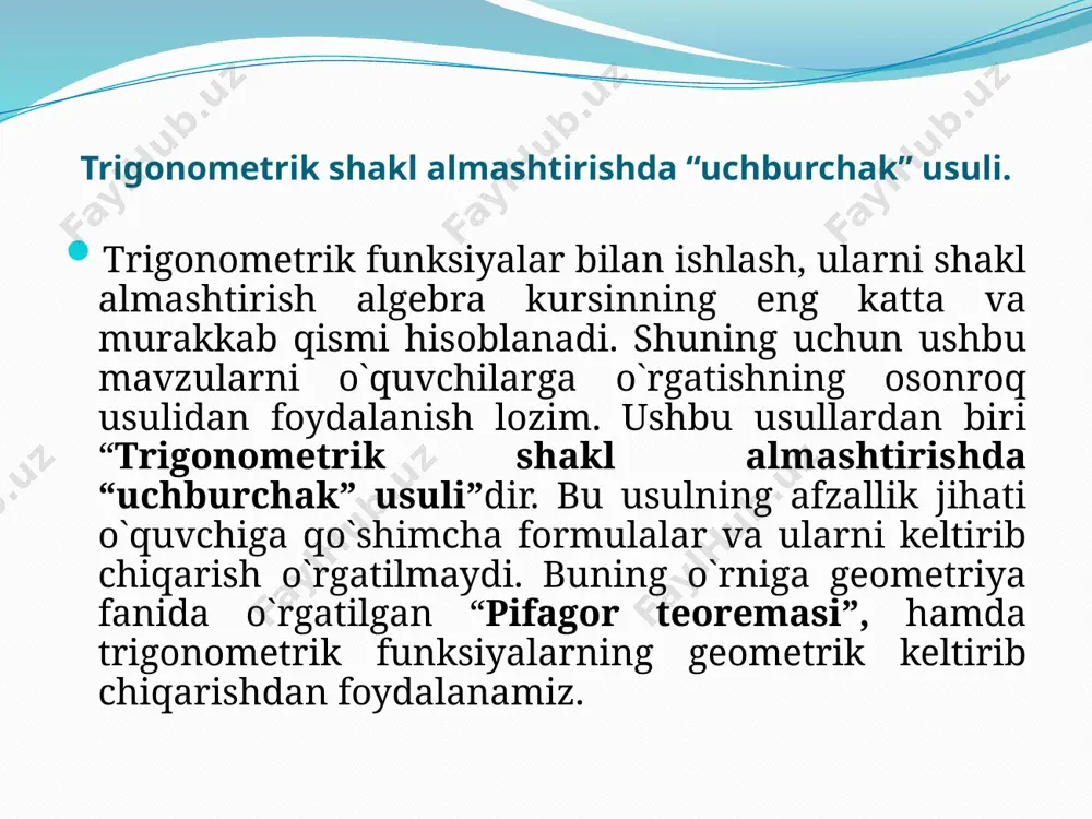 matlarini hisoblang. yechish: avvalo to`g`ri burchakli uchburchak chizib olamiz: a c b ushbu uchburchakdan: b=5 va c=13 ekanligini belgilaymiz. chunki cosα=b/c endi esa a katet uzunligini pifagor teoremasi orqali hisoblaymiz: natijada quyidagilarga erishamiz: α burchak 3π/2<α<2π iv chorakda joylashganligi uchun sinα, tgα va ctgα funksiya qiymatlari oldiga manfiylik ishoralarini qo`yamiz. 2-misol. ctgα=-3 teng, α burchak π/2<α<π ii chorakda joylashgan bo`lsa, sinα, tgα va cosα larning qiymatlarini hisoblang. yechish: avvalo to`g`ri burchakli uchburchak chizib olamiz: a c b ushbu uchburchakdan: b=3 va a=1 ekanligini belgilaymiz. chunki ctgα=b/a endi esa c gipotenuza uzunligini pifagor teoremasi orqali hisoblaymiz: natijada quyidagilarga erishamiz: α burchak π/2<α<π ii chorakda joylashganligi uchun sinα ning ishorasi musbat, tgα va cosα funksiya qiymatlari esa manfiy. teskari trigonometrik funksiyalar bilan ishlashda “uchburchak” usulidan foydalanish. teskari trigonometriya, yani arccosa, arcsin a, arctga, arcctga lar haqida fikr yuritsak. yuqorida teskari trigonometrik funksiyalar uchun ishlatiladigan formulalar jamlanmasi berilgan. ushbu funksiyalar bilan ishlash o`quvchilarda …