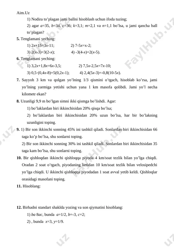necha kilometr ekan? 8. uzunligi 9,9 m bo’lgan simni ikki qismga bo’lishdi. agar: 1) bo’laklardan biri ikkinchisidan 20% qisqa bo’lsa; 2) bo’laklardan biri ikkinchisidan 20% uzun bo’lsa, har bir bo’lakning uzunligini toping. 9. 1) bir son ikkinchi sonning 45% ini tashkil qiladi. sonlardan biri ikkinchisidan 66 taga ko’p bo’lsa, shu sonlarni toping. 2) bir son ikkinchi sonning 30% ini tashkil qiladi. sonlardan biri ikkinchisidan 35 taga kam bo’lsa, shu sonlarni toping. 10. bir qishloqdan ikkinchi qishloqqa piyoda 4 km/soat tezlik bilan yo’lga chiqdi. oradan 2 soat o’tgach, piyodaning ketidan 10 km/soat tezlik bilan velosipedchi yo’lga chiqdi. u ikkinchi qishloqqa piyodadan 1 soat avval yetib keldi. qishloqlar orasidagi masofani toping. 11. hisoblang: 12. birhadni standart shaklda yozing va son qiymatini hisoblang: 1) ba 8ac, bunda a=1/2, b=-3, c=2; 2) , bunda x=3, y=1/9. 13. ko’phadni standart shaklga keltiring: 1) 2) amallarni bajaring: (14-15) 14. 1) 2) 3) 4) 15. 1) 3) …