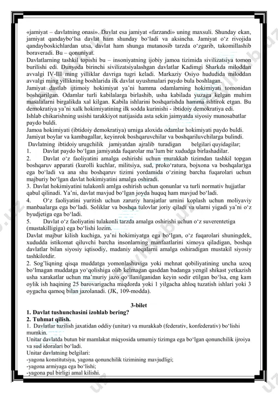iy huquq manbai xisoblangan. hozirgi paytda ham ayrim davlatlarda masalan, buyuk britaniyada mavjud. yuridik pretsedent sudining umum majburiy ahamiyatga ega bo‘lgan aniq bir ish bo‘yicha karoridir. yuridik pretsedentning o‘ziga xos jihati shundaki u qabul kilingach, usha masala bo‘yicha umummajburiy qoidaga aylanadi. huquqiy pretsedent ayrim mamlakatlarda umummajburiy qoidalarga aylanadi. huquqiy pretsedent ayrim mamlakatlarda, masalan, buyuk britaniya, aqsh, kanada va avstraliyada huquq manbai xisoblanadi. lekin o‘zbekiston respublikasining huquq tizimida kullanilmaydi. normativ-huquqiy hujjat – hozirgi kunda eng muhim bo‘lgan huquq manbaidir. normativ- huquqiy akt vakolatli davlat organlarining belgilangan tartibda qabul kilgan yuridik huquqiy hujjati bulib, umummajburiy xulq-atvor qoidalarini o‘z ichiga oladi. 2. bosqinchilik, ya’ni o‘zganing mol-mulkini talon-taroj qilish maqsadida hujum qilib hayot yoki sog'liq uchun xavfli bo‘lgan zo‘rlik ishlatib yohud shunday zo‘rlik ishlatish bilan qo‘rqitib sodir etilgan bo‘lsa, 5 yildan 8 yilgacha ozodlikdan mahrum qilish bilan jazolanadi. (jk, 164- modda). 2-bilet 1. jamiyat deganda nimani tushunasiz? 2. qasddan badanga tan jarohat yetkazish. 1. …