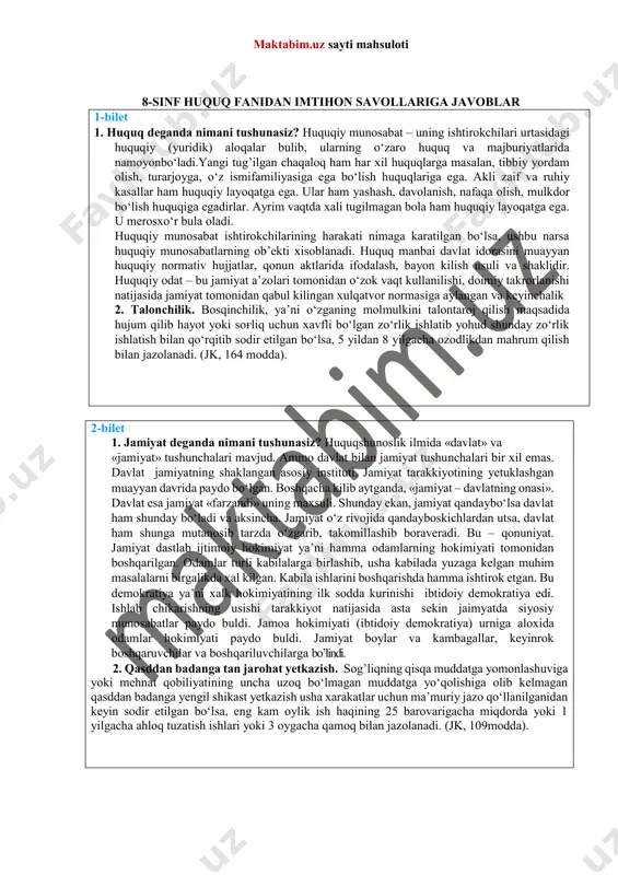 t esa jamiyat «farzandi» uning maxsuli. shunday ekan, jamiyat qandaybo‘lsa davlat ham shunday bo‘ladi va aksincha. jamiyat o‘z rivojida qandayboskichlardan utsa, davlat ham shunga mutanosib tarzda o‘zgarib, takomillashib boraveradi. bu – qonuniyat. jamiyat dastlab ijtimoiy hokimiyat ya’ni hamma odamlarning hokimiyati tomonidan boshqarilgan. odamlar turli kabilalarga birlashib, usha kabilada yuzaga kelgan muhim masalalarni birgalikda xal kilgan. kabila ishlarini boshqarishda hamma ishtirok etgan. bu demokratiya ya’ni xalk hokimiyatining ilk sodda kurinishi ibtidoiy demokratiya edi. ishlab chikarishning usishi tarakkiyot natijasida asta sekin jaimyatda siyosiy munosabatlar paydo buldi. jamoa hokimiyati (ibtidoiy demokratiya) urniga aloxida odamlar hokimiyati paydo buldi. jamiyat boylar va kambagallar, keyinrok boshqaruvchilar va boshqariluvchilarga bo’lindi. 2. qasddan badanga tan jarohat yetkazish. sog’liqning qisqa muddatga yomonlashuviga yoki mehnat qobiliyatining uncha uzoq bo‘lmagan muddatga yo‘qolishiga olib kelmagan qasddan badanga yengil shikast yetkazish usha xarakatlar uchun ma’muriy jazo qo‘llanilganidan keyin sodir etilgan bo‘lsa, eng kam oylik ish haqining 25 barovarigacha miqdorda yoki 1 yilgacha ahloq …