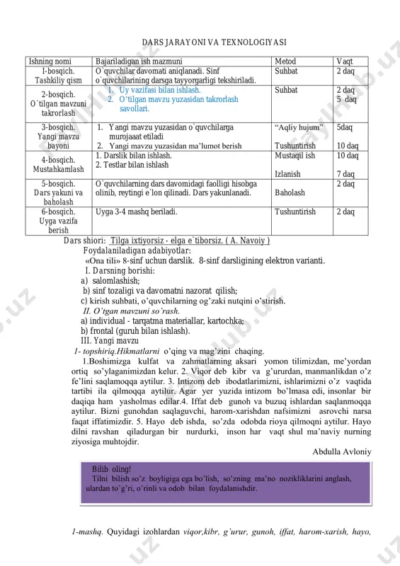 qealar bilan moslash, qo`shimcha materiallar yig`ish, qo`shimcha adabiyotlar o`qish, pedagogik mahoratni oshirish. o`quvchi: yangi bilimlarni egallaydi, yakka holatda va guruh bo`lib ishlashni o`rganadi. o`z-o`zini nazorat qilishni o`rganadi, tasavvuri kuchayadi. kelgusi rejalar: o`qituvchi: pedagogik texnologiyalarni o`zlashtirish va darsda tatbiq etish, takomillashtirish, o`z ustida ishlash. pedagogik mahoratni oshirish. o`quvchi: mustaqil ishlashni o`rganish. o`z harakatlarini aniq bajara olish, shu mavzu asosida qo`shimcha materiallar topish, uni o`rganish, o`z fikrini, gurux fikrini tahlil qilib bir yechimga kelish, malaka hosil qilish dars jarayoni va texnologiyasi ishning nomi bajariladigan ish mazmuni metod vaqt i-bosqich. tashkiliy qism o`quvchilar davomati aniqlanadi. sinf o`quvchilarining darsga tayyorgarligi tekshiriladi. suhbat 2 daq 2-bosqich. o`tilgan mavzuni takrorlash 1. uy vazifasi bilan ishlash. 2. o’tilgan mavzu yuzasidan takrorlash savollari. suhbat 2 daq 5 daq 3-bosqich. yangi mavzu bayoni 1. yangi mavzu yuzasidan o`quvchilarga murojaaat etiladi 2. yangi mavzu yuzasidan ma’lumot berish “aqliy hujum” tushuntirish 5daq 10 daq 4-bosqich. mustahkamlash 1. darslik bilan ishlash. 2. …