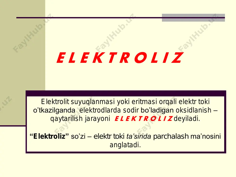 si elektrolit eritmasi orqali o’tgan elektr tokining miqdoriga to’g’ri proporsionaldir. matematik ifodasi m = e • q 96500 bu yerda: m – modda massasi e – ekvivalent q – tok miqdori kl ( a•sek ), kulon q = i • t bu yerda: i – tok kuchi ( a ), amper t – vaqt ( sek ) m = e i t f e l e k t r o l i z q o n u n l a r i faradeyning ikkinchi qonuni . agar turli hil elektrolitlar eritmalari orqali bir xil miqdorda elektr toki o’tkazilsa, elektrodlarda ajralgan moddalarning massasi ularning ekvivalent miqdoriga to’g’ri proporsional bo’ladi, ya’ni har 1 faraday tok berilganda 1 ekvivalent modda ajraladi. matematik ifodasi bu yerda: m – elektrodlarda ajralgan moddaning massasi f – o’zgarmas faraday soni, ya’ni e – elektrodlarda ajralgan moddaning ekvivalenti t – elektroliz uchun ketgan vaqt i – elektrolizga berilgan …