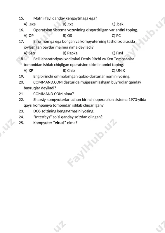 ida mujassamlashgan buyruqlar qanday buyruqlar deyiladi? 21. command.com nima? 22. shaxsiy kompyuterlar uchun birinchi operatsion sistema 1973-yilda qaysi kompaniya tomonidan ishlab chiqarilgan? 23. dos so’zining kengaytmasini yozing. 24. “interfeys” so’zi qanday so’zdan olingan? 25. kompyuter “virusi” nima? 8-sinf informatika fanidan test banki 2-chorak javoblari savol 1 2 3 4 5 6 7 8 9 10 javob a a b b c c a a b b savol 11 12 13 14 15 16 17 18 javob c c a a b b c c 19. norton commander 20. ichki buyruqlar 21. buyruq protsessori 22. digital research kompaniyasi 23. disk operatsion sistema 24. inglizcha 25. dastur [bookmark: _goback] fan o’qituvchisi: j.oralov