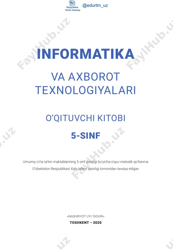 ....................................8 an’anaviy darslarda qo‘llaniladigan metodik usul va texnologiyalar........................9 5-sinf “informatika va axborot texnologiyalari” fanini o‘qitishda boblar yakunida o‘quvchilarga taqdim etiladigan namunaviy loyiha mavzulari..................................................15 onlayn rejimda videomuloqot o‘tkazish va darsni tashkil etish imkoniyatini beruvchi dasturlar...............................................17 ta’lim kontentini uzatish imkonini beruvchi xizmatlar haqida.................................18 “google docs”da o‘quv materiallarini tayyorlash.............................................................19 google forms.......................................................21 1) an’anaviy darsni tashkil etish namunasi.... 24 2) onlayn shaklda tashkil etilgan dars ssenariysi.............................................................. 27 3) aralash shakldagi darsni tashkil etish namunasi.............................................................. 28 umumiy o‘rta ta’lim maktablarining 5-sinfi uchun “informatika va axborot texnologiyalari” fanidan yillik ish reja...........................................30 1-dars. xavfsizlik texnikasi qoidalari va sanitariya-gigiyena talablari.............................. 32 2-dars. “informatika va axborot texnologiyalari” fani haqida............................................................ 34 3-dars. axborot va raqamli texnologiyalar.... 36 4-dars. axborotni kodlash. axborotni o‘lchov birliklari ................................................... 39 5-dars. amaliy mashg‘ulot................................ 41 dars ishlanmalari va metodik ko‘rsatmalar 6-dars. kompyuter va uning tuzilishi.............. 44 7-dars. kompyuterning qo‘shimcha qurilmalari ............................................................ 46 8-dars. klaviatura va sichqoncha bilan ishlash ko‘nikmalari............................................. 48 9-dars. klaviatura trenajyorlari va “yumuq ko‘zlar” …