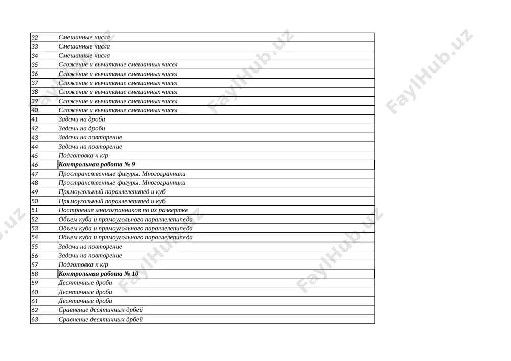 187, 188 40 slojenie i vichitanie smeshannix chisel s 49 № 195, 196, 197 41 zadachi na drobi s 51 № 210, 211, 212 42 zadachi na drobi s 51 № 213, 214, 215 43 zadachi na povtorenie s 53 № 228, 229 44 zadachi na povtorenie s 53 № 230, 231 45 podgotovka k k/r s 54 "proveryaem svoi dostijeniya" 46 kontrolnaya rabota № 9 povtorit pravila 47 prostranstvennie figuri. mnogogranniki s 59 № 238, 239 48 prostranstvennie figuri. mnogogranniki s 59 № 240, 241 49 pryamougolniy parallelepiped i kub s 62 № 247, 248 50 pryamougolniy parallelepiped i kub s 63 № 256, 257, 258 51 postroenie mnogogrannikov po ix razvertke s 65 № 263, 264, 265 52 ob'em kuba i pryamougolnogo parallelepipeda s 69 № 272, 273 53 ob'em kuba i pryamougolnogo parallelepipeda s 69 № 274, 282 54 ob'em kuba i pryamougolnogo parallelepipeda s 70 № …