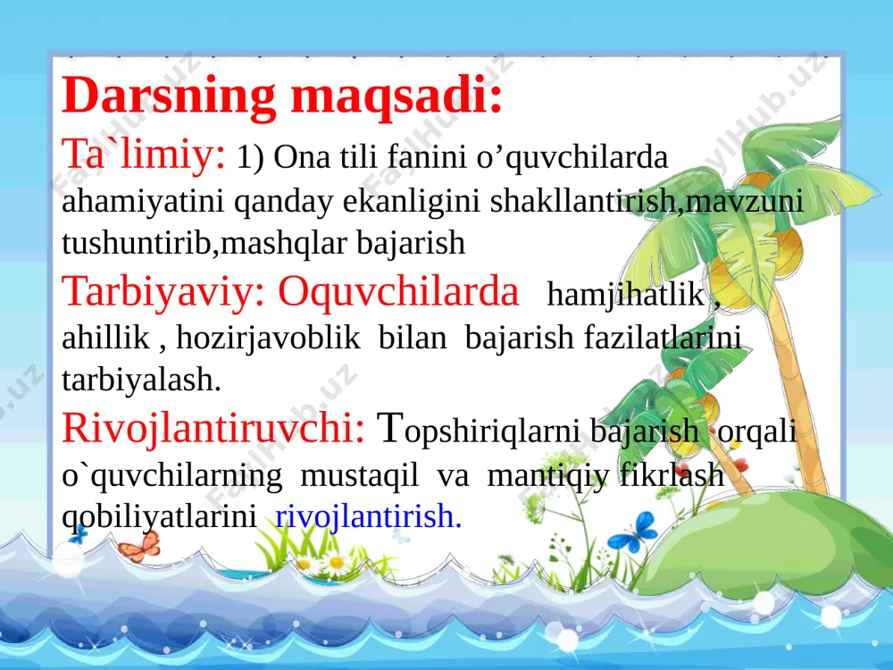 shaxs va narsaning harakatini bildirgan so’zlar . saxs va narsaning harakatini bildirgan so’zlar nima qildi?,nima qilyapti?,nima qiladi?so’roqlariga javob bo’ladi. 115 - mashq.nuqtalar o’rniga kim? so’rog’iga javob bo’lgan so’z qo’ying. … o’qitadi, … o’qiydi, ... davolaydi, … o’ynaydi. o’qituvchi o’qitadi. o’quvchi o’qiydi. shifokor davolaydi.qizcha o’ynaydi. quyosh nima qildi? quyosh chiqdi. quyosh nima qiladi? quyosh olamga nur taratadi. dam olish daqiqasi 116 – mashq. bolalar nima qilayotganini bir so’z bilanayting.shu so’zlarga so’roq bering. zinama-zina bilim qayerga olib boradi? nodir arralaypti. dildora chizyapti. zarnigor yozyapti. husniddin o’qiyapti. 5. shakllarni daftaringizga chizing. o‘xshash shakllarni bir xil rangga bo‘yang: iqtidorli o’quvchi iqtidorli o’quvchi o’quvchilarni baholash darsni yakunlash kuchli hisobchi kuchli hisobchi uyga vazifa 117 – mashq.o’qing.nima qildi?,nima qilyapti?, nima qiladi? so’roqlariga javob bo’lgan so’zlarni topib guruhlab yozing. darsimiz tugadi. xayr, salomat bo’ling. e’tiboringiz uchun tashakkur image3.png image4.png image5.jpeg image6.gif image7.png image8.jpeg image9.jpeg image10.gif audio1.wav image11.png image12.jpeg image13.gif image14.gif image15.gif image16.jpeg image17.jpeg image18.png image19.jpeg image20.gif image21.gif …