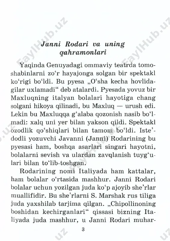 aliyani kocz oldiga keltiradilar. xalq- ning qashshoqligi, butun mamlakatni harbiy- lashtirmoqchi bo‘lgan „xo‘jayinlar“ning zolim- ligi, politsiyachilarning berahmligi — bular- ning hammasini bolalar o‘z mamlakatida har kuni ko‘rib turadilar. begunoh otasi qamoqxo- naga tashlangan chipollinoga bolalar chin yu- 4 rakdan achinadilar. axir, qanchadan qancha italyan bolalarining ota-onalari faqat urushga qarshi chiqqanlari uchun qamoqxonalarga tash- langan. bu yovuzlikka qarshi tolmay kurash olib boradigan quvnoq chipollino italyan bola­ larining eng sevimli qahramoniga aylandi. siz ham chipollinoni yaxshi ko‘rib qolasiz va bu quvnoq „piyoz bola“ dunyodagi eng bax- tiyor bolalar bo‘lgan sizlarga italiyadagi meh- natkash xalq bolalarining hayoti bilan yana ham yaxshiroq tanishishga yordam beradi, deb ishonamiz. yozuvchi leon de repachi birin ch i bob chipollone knaz limonning esxonasini chiqarib yubordi va jon holatda qochishga majbur qildi chipollino chipollonening o‘g‘li edi. chipol- linoning oltita ukasi bor edi, bular: chipolleto, chipollotto, chipolludachia va boshqalar bo‘lib, ularning hammasi hurmatli, lekin kambag‘al chipollone — piyozning bolalari edi. …