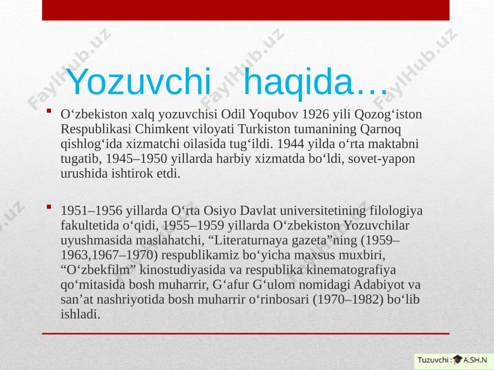 ularning fojiali taqdirlari qalamga olinadi. ikki ulugʻ ajdodimizning jahon ilm-fan taraqqiyotiga qoʻshgan buyuk hissalarini koʻrsatishga intiladi. shuningdek, odil yoqubov zamonaviy mavzularda ham “diyonat” (1973), “oqqushlar, oppoq qushlar” (1988) kabi yirik asarlar yaratgan. agar yozuvchi “diyonat” romanida adolatning nohaqlik, tubanlik ustidan gʻolib kelishini koʻrsatgan boʻlsa, “oqqushlar, oppoq qushlar” romanida turgʻunlik davri illatlarini roʻy-rost gavdalantirib bergan. uning “adolat manzili” nomli romanida milliy mustaqillik yoʻlidagi kurash hamda adolatning gʻolib va qutlugʻ yoʻli ulugʻlandi. odil yoqubov respublikamiz teatrlarida sahnalashtirilgan “aytsam tilim kuyadi, aytmasam dilim” (1956), “yurak yonmogʻi kerak” (1957), “chin muhabbat” (1958), “olma gullaganda” (1960) va boshqa pyesalarning muallifidir. “diyonat” romani asosida yaratilgan koʻp seriyali videofilm ham muallifga sharaf keltirdi. u mohir tarjimon, munaqqid, publitsist sifatida ham barakali ijod qildi. oʻzbekiston xalq yozuvchisi odil yoqubov “ulugʻbek xazinasi” romani uchun respublika davlat mukofotiga sazovor boʻlgan. 1994 yilda “doʻstlik”, 1998 yilda esa “el-yurt hurmati” ordeni bilan mukofotlangan. kitoblari… image3.png image15.jpeg image16.png image17.png image18.jpeg image19.jpeg image20.png image21.jpeg …