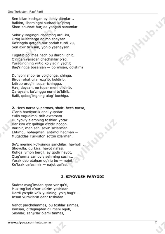 hinga, birov rohat qilar ezg‘ib, kuldirib, iztirob urug‘in separ ichingga. hay, deysan, ne topar meni o‘ldirib, qaraysan, ko‘zingga nurni to‘ldirib. balli, qobog‘ingning ulug‘ kuchiga. 2. hech narsa yupatmas, shoir, hech narsa, g‘arib baxtiyorlik endi yupatar. yulib vujudimni titib axtarsam dunyoviy alamning toshlari yotar. har kim o‘z qalbiga o‘zidir hoqon. baribir, men seni sevib sizlarman. ehtimol, nohaqman, ehtimol haqman — muqaddas turkiston so‘zin izlarman. so‘z mening ko‘ksimga sanchilar, hayhot!.. shovulla, gurkira, hayot nafasi. ruhga iymon bergil, ey qodir hayot, qizg‘onma samoviy sehrning sasin... yurak deb atalgan og‘riq bu — najot. ko‘krak qafasimiz — najot qal’asi. 2. siyovush faryodi sudrar oyog‘imdan qaro yer qa’ri, muz tog‘lari o‘sar ko‘zim yoshidan. dardi yo‘qdir ko‘k yuzining, yo‘q bag‘ri — inson yuraklarin qahr toshidan. nahot parchalanmas, bu toshlar sinmas, kimsan, o‘zligingdan qil meni ogoh, silohlar, zanjirlar olami tinmas, ona turkiston. rauf parfi www.ziyouz.com kutubxonasi 3 qayon oqmoqdasan, ey olampanoh? to‘xta, siyovushman, unutding, nahot? qonlarga botdim-ku, yondim, …
