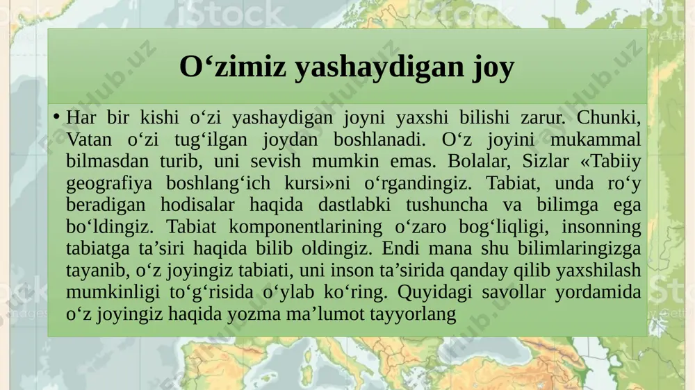 berish uchun kerakli ma’lumotlarni kitob, gazeta va jurnallardan topishingiz mumkin. o‘qituvchilar, otaonangiz, aka-opalaringiz, boshqa katta odamlardan so‘rab, bilib olsangiz ham bo‘ladi. o‘z joyingiz haqidagi ma’lumotlarni tabiatga ekskursiya vaqtida o‘zingiz to‘plashingiz mumkin. ob-havo haqidagi ma’lumotlarni esa o‘zingiz kuzatib, yozib borgan ob-havo jadvalidan oling. endi esa, aziz bolajonlar, o‘zingiz yashaydigan joy haqida yozishingiz uchun bog‘istonlik do‘stingiz o‘z qishlog‘i haqida yozgan hikoyani misol sifatida keltiramiz. mening qishlog‘im bog‘iston, toshkent viloyati bo‘stonliq tumanida piskom tog‘ tizmasining shimoliy etagida, chorvoq suv ombori sohilida joylashgan. bizdan mamlakatimiz poytaxti — toshkent shahrigacha bo‘lgan masofa 80 km. qishlog‘imiz atrofi baland tog‘lar bilan o‘ralgan. shimol tomonimizda ugom, janub tomonimizda piskom tog‘lari shundoq ko‘rinib turadi. bu tog‘lar orasida piskom daryosi oqib o‘tadi. qishlog‘imiz shu daryoning chap sohilida, bog‘lar orasida joylashgan. qishlog‘imiz nomi aslida bug‘iston bo‘lgan ekan. bobomning aytishlariga qaraganda, qadimda bu yerda bug‘ilar ko‘p bo‘lgan. shuning uchun bug‘iston deyilgan. keyinchalik qishloq va uning atrofi bog‘lar bilan o‘ralgan bo‘lganidan bog‘iston deb …