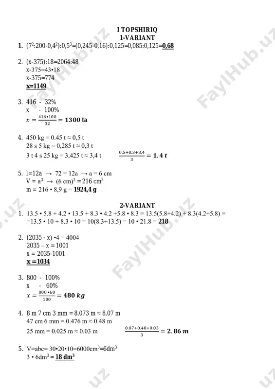 =6300m2 p=2(a+b)=2(90+70)=2•160=320m 2-variant 1. (18+12•27) : (327-156)=342:171=2 2. 3 8 9 − 𝑦 = 2 7 9 → 𝑦 = 3 8 9 − 2 7 9 → 𝑦 = 1 1 9 3. (18-16.9) •3.3+3:7.5=1.1•3.3+0.4=3.63+0.4=4.03 4. 28.5+32.6+35.2 3 = 96.3 3 = 32.1 𝑘𝑔 5. p=360 m; a=50•200=10000cm=100m → 360=2(a+b) → 180=100+b → b=80m 80m : 40 cm = 8000cm: 40cm = 200 qadam v topshiriq 1-variant 1. a) 8 7 9 + (7 5 9 − 4 4 9 ) = 8 7 9 + 3 1 9 = 11 8 9 . b) 11 2 19 − (3 17 19 + 6 14 19 ) = 11 2 19 − 10 12 19 = 9 19 2. 3.8(x+1.3)=9.5 x+1.3=2.5 x=1.2 3. 26.4+(26.4-8.7)+26.4:2=26.4+17.7+13.2=57.3 kg 4. 4 ni 3 ga o’zgartirish kerak, ya’ni 8, 3, 6, 8, 9, 5, 7, 8, 9 9 - 3=6 5. a=60cm b=45cm h=45-5=40cm …