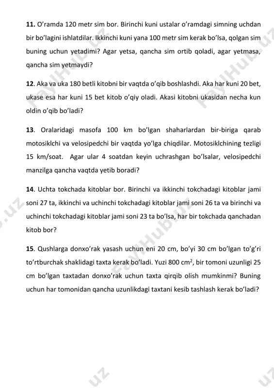 chi va uchinchi tokchadagi kitoblar jami soni 23 ta bo’lsa, har bir tokchada qanchadan kitob bor? 15. qushlarga donxo’rak yasash uchun eni 20 cm, bo’yi 30 cm bo’lgan to’g’ri to’rtburchak shaklidagi taxta kerak bo’ladi. yuzi 800 cm2, bir tomoni uzunligi 25 cm bo’lgan taxtadan donxo’rak uchun taxta qirqib olish mumkinmi? buning uchun har tomonidan qancha uzunlikdagi taxtani kesib tashlash kerak bo’ladi?