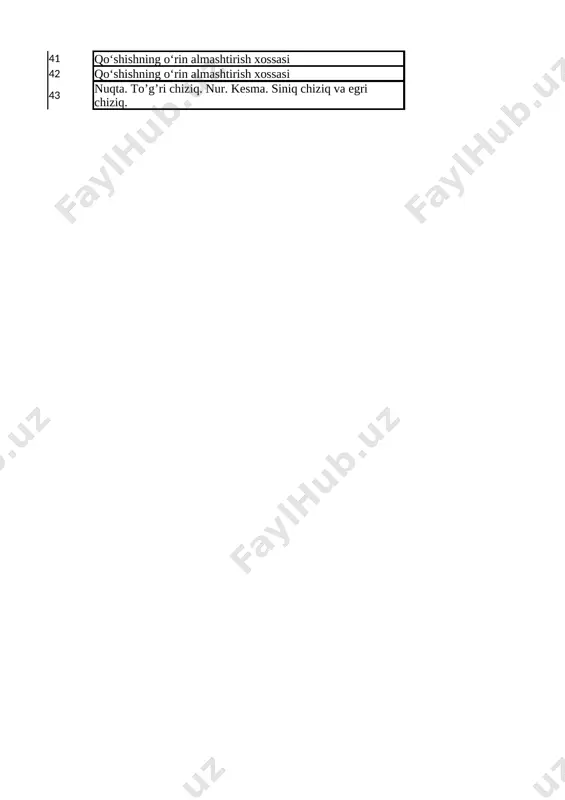 ab bajarib kelish 28 to‘plamlarni taqqoslash (ko‘p, kam, teng) ishlab bajarib kelish 29 1 dan 10 gacha bo‘lgan sonlarni taqqoslash ishlab bajarib kelish 30 hafta hafta kunlari ishlab bajarib kelish 31 10 ichida qo‘shish va ayirish. (qo‘shish amalining tarkibiy qismlari) ishlab bajarib kelish 32 ayirish amallarining tarkibiy qismlari ishlab bajarib kelish 33 10 ichida qo‘shish ishlab bajarib kelish 34 10 ichida ayirish ishlab bajarib kelish 35 10 ichida qo‘shish va ayirish ishlab bajarib kelish 36 10 ichida qo‘shish va ayirish ishlab bajarib kelish 37 sonni bir necha birlikka orttirish va kamaytirish ishlab bajarib kelish 38 sonni bir necha birlikka orttirish va kamaytirish ishlab bajarib kelish 39 “.. .ta orttirish” va “.. .ta kamaytirish” tushunchalari ishlab bajarib kelish 40 nol ishtirokida qo‘shish va ayirish ishlab bajarib kelish 41 qo‘shishning o‘rin almashtirish xossasi ishlab bajarib kelish 42 qo‘shishning o‘rin almashtirish xossasi ishlab bajarib kelish 43 nuqta. to’g’ri chiziq. nur. kesma. siniq chiziq …