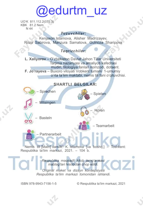n vorgaben des nationalen lehrprogramms in usbekistan und des gemeinsamen europäischen referenzrahmens für sprachen. das lehrwerk ist in 9 lektionen mit 6 stunden und einer projektarbeit gegliedert, jeder unterricht hat 4 übungen auf einer seite. jeweils eine von den übungen ist zum hörverstehen geeignet, die aufgabenorientierten übungen in partnerarbeit oder gruppenarbeit bieten ein kommunikatives lernen. eine vertiefung des lernstoffes mit spaß ermöglichen empfohlene bewegungsspiele und im arbeitsbuch verknüpfte übungen zum ausmalen, zuordnen und zeichnen oder rätsel lösen in einzelarbeit. zu themen passende kinderlieder laden zum anhören, mitmachen und mitsingen ein. in der projektarbeit haben die schüler und schülerinnen gemeinsam etwas zu basteln, zu schaffen, während sie auch deutschsprechen üben können. darüber hinaus enthält das lehrwerk beispiele des stationenlernens für die wiederholung und ideen zum experimentieren, wo die lernenden gruppenweise kreativ und selbstständig lernen können. viel spaß und erfolg mit “deutsch 1”! ihr autorenteam @edurtm_uz lektion 1 hallo! wie geht es …
