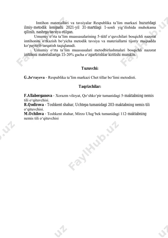 dan to‘g‘ri bayon etilishi, nutqining ravonligi, mavzudan chetlashmaganligi va bildirilgan fikrlarning mantiqan bir-biri bilan bog‘liqligi hisobga olinadi. fikrlar bayon etilayotganda, so‘z birikmalarining noto‘g‘ri ifodalanishi, grammatik va fonetik qoidalarga rioya qilmaslik hollari bir gapning o‘zida ikki va undan ortiq kuzatilsa, o‘sha gap hisobga olinmaydi. o‘quvchi bilet savollariga to‘liq javob bera olmasa, o‘qituvchi o‘quvchiga mavzu yuzasidan uchinchi savolni berishi mumkin. bilet asosida va qo‘shimcha tarzda berilgan har bir savolga javob 5 ballik tizim asosida baholanadi. masalan: 1-savolga 3 ball, 2-savolga 5 ball qo‘yilsa, baholar umumlashtirilib, o‘rtacha ball chiqariladi. 3+5=8:2=4 ball. og‘zaki topshiriq bo‘yicha baholash mezoni t/r baholash mezoni ball 1. berilgan mavzuni to‘liq og‘zaki bayon qila olsa, mavzu yuzasidan fikrini to‘liq ifodalay olsa, to‘g‘ri talaffuz va intonatsiya bilan gapirsa, berilgan mavzuga doir savollarga to‘liq javob bera olsa 5 2. berilgan mavzuni qiyinchilik bilan og‘zaki bayon qila olsa, mavzu yuzasidan fikrini to‘liq emas, lekin to‘g‘ri ifodalay olsa, talaffuz va intonatsiyada ozgina kamchilikka yo‘l …