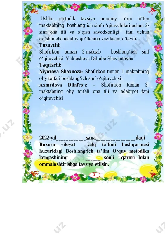 .................. 34 16- mavzu: qishda .................................................... 38 17- mavzu: adham bobo nasihatlari ......................... 39 4 18- mavzu: gulbeor ................................................... 43 20- mavzu: amir temur ............................................ 47 21- mavzu: bahor keldi ............................................. 49 22- mavzu: zulfiyaxonim qizlari ............................... 52 23- mavzu: kashtan daraxt ........................................ 53 24- mavzu: dehqon bilan ayiq ertagi. (1-qism) ........ 55 25-mavzu: dehqon bilan ayiq ertagi. (2-qism) ......... 59 26- mavzu: boychechak ertagi (1-qism) ................... 61 27- mavzu: boychechak ertagi (2-qism) .................. 64 28- mavzu: aldoqchi hakka ertagi. (1-qism) ............. 68 29- mavzu: aldoqchi hakka ertagi. (2-qism) ............. 72 30- mavzu: ochko‘z dehqon ertagi. (1-qism) ........... 75 31- mavzu: ochko‘z dehqon ertagi (2-qism) ............ 77 32- mavzu: begimot va qunduzoy ertagi (1-qism) .... 80 33- mavzu: begimot va qunduzoy ertagi (2-qism) ... 83 34- mavzu: ota vasiyati (o‘zbek xalq ertagi) ......... 86 foydalangan adabiyotlar ro‘yxati .............................. 89 5 kirish ona tili va o‘qish savodxonligi fanini o‘qitishda asosiy e’tibor …