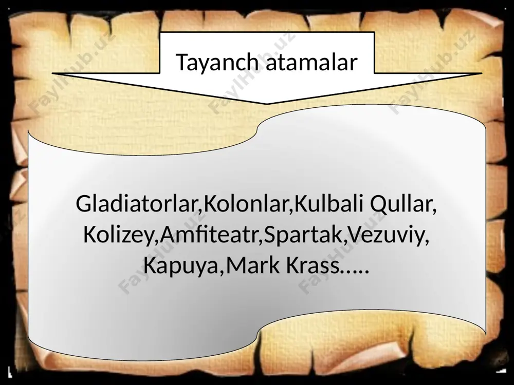 cha yil davom etdi? 5.spartak qo`zg`aloni nechanchi yilda bostirildi? 1.frakiyalik. 2.50 ming 3.mark krass 4.uch yil j a v o b l a r 5. mil avv 71-yil. rim imperiyasi. e’tiboringiz uchun raxmat ! image2.jpeg image3.jpeg image4.jpeg image5.jpeg image6.jpeg image7.jpeg image8.jpeg image9.jpeg image10.jpeg