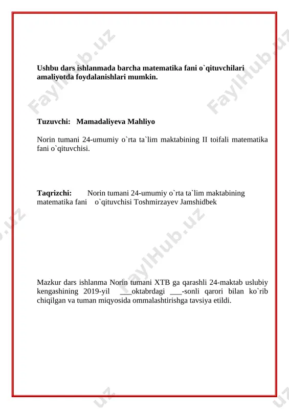 gi o‘rni muhimligini tushuntirish, buyuk olimlar, allomalar haqidagi tarixiy ma’lumotlar, vatandoshlarimizning shu sohadagi faoliyati haqida tanishtirish, o‘quvchilarni milliy vatanparvarlik ruhida tarbiyalash. rivojlantiruvchi maqsad: kommunikativ kompitensiyasi shakllantirilib, o‘zaro muloqotga kirishib, jamoasi uchun hamjihatlik bilan o‘quvchilarda ijodiy faollikga, mustaqil ishlash qobiliyatini mustahkamlashga, hozir javoblikga o‘rgatish; ) darsning turi: so’rash; tushuntirish; shakllantirish; mustahkamlash; rivojlantirish; umumlashtirish; tahlil; nazorat; uyga vazifa. darsda foydalaniladigan metodlar: noan’anaviy, zamonaviy, ana’naviy. darsda foydalaniladigan jihozlar: yozuv taxtasi, bo’r ,6-sinf ”matematika” darsligi, ko’rgazmali qurollar, turli rangdagi kartochkalar darsni metodi: amaliy mashg’ulot darsning o‘quv vositalari: o’quv dasturi; taqvim-mavzu reja; darslik; uslubiy qo‘llanma; dars ishlanmasi (konspekt). darsning borishi: 1. tashkiliy qism – salom-alik qilish, davomatni tekshirish, zarur ko’rgazmali qurol va jihozlarni darsga hozirlash; o`quvchilarni 3-guruhga ajratamiz. 1-guruh al-xorazmiy 2-guruh mirzo ulug`bek 3-guruh ibn sino 2. ma`naviyat daqiqasini o`tkazish ( davlat ramzlari ) ( milliy qadryatlar ) ( konstutsiya ) ( yangi binolar ) ( yangi sport inshootlari ) ( yangi zavod va fabrikalar …