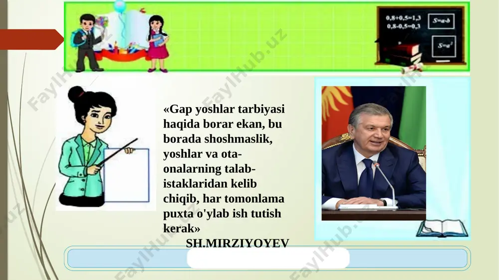 g 6.doiraning yuzi formulasi. 7. aylanaga misol? 8.musbat son… 9.tub son nima? 1-shart: imkon shou- “muzyorar” har bir guruhga 7 tadan savollar beriladi 2-shart. krossvordda matematikaga oid so’zlar yashiringan, shularni joyiga qo’yib yozing. savollar krossword javobini tekshiramiz yangi mavzu bayoni proporsiyaning chetki hadlari ko`paytmasi uning o`rta hadlar ko`paytmasiga teng .bu xossa proporsiyaning asosiy xossasi deyiladi. proporsiyaning bitta hadi noma`um bo`lishi mumkin.noma`lumni topish proporsiyani yechish deyiladi.masala: x:3=2,5:0,5 ; 0,5x=2,5∙3; x=2,5∙3:0,5 ; x=15 proporsiyani yechishda 3 ta miqdor berilib, to`rtinchi noma’lum miqdor topiladi. bu qoida “uch miqdor qoidasi” deb ham yuritiladi. proporsiyani yechishda “besh miqdor qoidasi” ham mavjud. 1.(abu rayhon beruniy masalasi.)agar 10 dirham (pul birligi) 2 oyda 5 dirham foyda keltirsa, 8 dirham 3 oyda qancha foyda keltiradi? yechish:masalani turli usullarda yechish mumkin. ulardan eng qulay usuli proporsiya tuzib yechish usulidir. 1) 8 dirham 3 oyda x dirham foyda keltiradi deylik. masalani qisqa shartini shunday tuzamizki dirhamga dirham, oyga oy, foydaga …