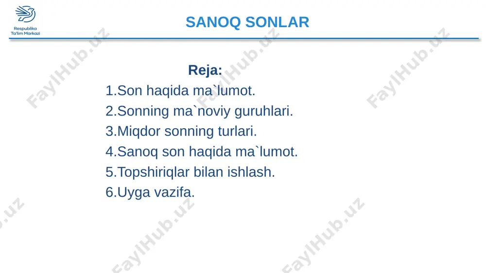 ikki buklab,ko`krak cho`ntagiga solib qo`ydi.5.to`tiniso hovlini sotib, ikki yetimni o`z qishlog`i rafqonga olib ketdi.6.to`nimning etaklarini yig`ishtirib, qashqamga bir-ikki qamchi bergan edim, jonivor shataloq otib ketdi. 9 408-mashq 1.bolalar davrani ikki aylandi, qo`l berib ko`rishishdi. 4.ahmadjon chaqiriq qog`ozini yana bir marta o`qib chiqdi, keyin uni ikki buklab, ko`krak cho`ntagiga solib qo`ydi. 5.to`tiniso hovlini sotib, ikki yetimni o`z qishlog`i rafqonga olib ketdi. 10 topshiriq 11 409-mashq.sonlar qatnashgan topishmoqlarni bilasizmi?ularni daftarngizga yozing. o`zi bitta qulog`i to`rtta.(qozon,to`rt qulog`i) o`zi turar jimgina, qulog`i bor birgina.(choynak) onasi bitta,bolasi mingta.(oy va yulduzlar) bir tup katta terak,tubi bor, shoxi o`n ikki, yaprog`i uch yuz oltmish,yaprog`ining bir tomoni oq,ikkinchi tomoni qora.(yil,12 oy,kunlar,kecha,kunduz) topshiriq 410-mashq.berilgan gaplardagi sanoq sonlarni toping. 1.yetti o`lchab bir kes.2.qishpolvon o`z vazifasin uch oy ichra o`tarkan,xizmat qilish navbat bilan bahoroyga o`tarkan.3.kuzatishimcha,odamlar gapirayotgan gapning, taxminan, yetmish-sakson foizi ortiqcha ekan.4.ular yana besh qadam bosishgach, o`ra labiga kelishdi.4.bu sopol ko`za-chi, so`zimga ishon,sodiq xizmat qildi ming yil odamga. 12 topshiriq 410-mashq.berilgan …