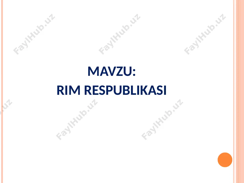 di. asosiy mansabdor shaxslar konsullar esa bevosita davlatni boshqarar edi. qadimda eng tajribali va hurmatli kishilar senatda o‘rin egallagan bo‘lsa vaqt o‘tishi bilan konsullar hech bir saylovsiz senatda o‘rin egallab oladigan va uning umrbod a‘zosiga senatorga aylanadigan mavqega erishadilar. rimda qonunlar og‘zaki tarzda bo‘lgan. rimda plebeylar isyon ko‘tarishadi. ular muqaddas tog‘da yangi shahar tashkil qilishini aytadi. miloddan avvalgi 5 asr o‘rtalarida 12 ta mis lavhaga o‘yib yozilgan qonunlar yaratishadi. patritsiylar 12 jadvaldan iborat yangi qonun qabul qilishga majbur bo‘lishadi.bu qonunlar xususiy mulkni daxlsiz deb e‘lon qilishadi. unda plebeylar va patritsiylar tengsizligini qonunlashtirgan. rimning barcha fuqarolari mil av 3 asr boshlarida mavqetlaridan qatiy nazar qonun oldida teng deb hisoblanadigan qonunlar qabul qilingan e’tiboringiz uchun rahmat! image1.png image2.png image3.png image4.png