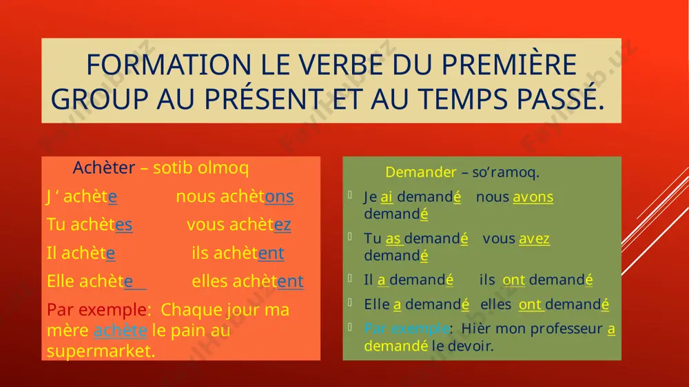 s ira irons irez iront lire(je, tu,il,nous,vous, ils) ai lu as lu a lu avons lu avez lu ont lu o’tgan zamonda «etre» fe’li bilan tuslanuvchi fe’llar venir – kelmoq je suis venu(e) nous sommes venu(e) tu es venu(e) vous etes venu(e) il est venu ils sont venu elle est venue elles sont venues par exemple: je suis venu à 14 heure àla maison regardez et complétez les points! je .................... nous ...................... tu .................... vous ..................... il ..................... ils .......................... elle ..................... elles ..................... par exemple: hièr nous ................ ...........au cinéma. activité: complétez les phrases ! 1) j’..... faim et j’.................... (à la bibliothèque, au café). 2) lola ..... ........... ses amis à son anniversaire. 3) comme boissons nous .................... (de l’eau, de la limonade ). 4) hièr nous .......... .......... chez nos grands-parents. 5) ce plat ....... .............. avec du poisson et des legumes. 6) hièr soir nous …