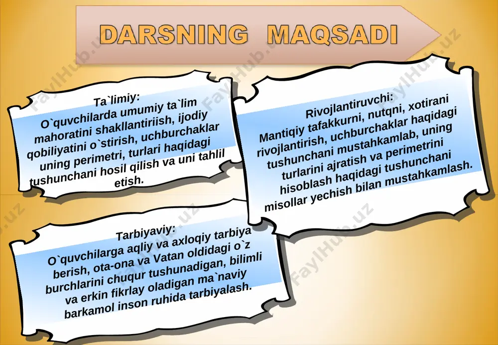 ma`no naqli yodimizga tushadi. “shunday insonlar borki, biladi, bilishini ham biladi, undan o`rganmoq kerak. yana shundaylar borki, bilmaydi, bilmasligini ham biladi, u qobil insondir, unga o`rgatmoq kerak. uchinchi toifadagilar esa bilmaydi, bilmasligini ham bilmaydi, u uyqudadir, uni uyg`otmoq kerak”. bu naqlgga amal qilib, darsimizni kichik guruhlarga bo`lib, guruhlarni “o’tkir burchaklilar” “to’g’ri burchaklilar” “o’tmas burchaklilar” deb nomlaymiz. o`tilgan mavzuni mustahkamlash uchun klaster usulidan foydalanib, guruhlarga savollar beriladi. 1-guruh burchak deb nimaga aytiladi? burchakning turlari, ularga ta’rif bering. 2-guruh burchakni o’lchash, burchak o’lchov birligi. gradus o’lchovining qanday birliklari bor? yoyiq va to’g’ri burchakning gradus o’lchovi nimaga teng. 3-guruh to’g’ri to’rtburchak deb nimaga aytiladi? unig perimetri-? yuzasi-? birligi-?. yangi mavzuning bayoni tekislikning bir to’gri chiziqda yotmaydigan uchta nuqta va bu nuqtalar orqali o’tuvchi uchta kesma bilan chegaralangan qismi uchburchak deyiladi. b a c abc kabi belgilanadi a, b va c nuqtalar uchburchakning uchlari, ab, bc va ac kecmalar uchburchakning tomonlari deyiladi. uchburchakda uchta …