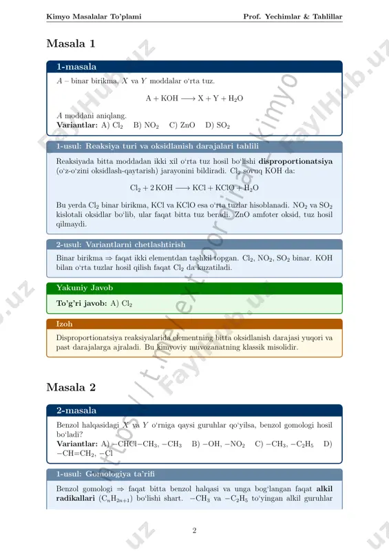 h3, −c2h5 izoh gomologlar kimyoviy xossalari jihatidan o‘xshash, lekin molekulyar massasi ch2 guruhiga farq qiladigan moddalardir. masala 3 3-masala suvga nima qo‘shilganda muzlash temperaturasi pasayadi? (p = const) variantlar: a) sovuq suv b) muz bo‘lagi c) issiq suv d) osh tuzi 1-usul: krioskopik effekt krioskopiya qonuni: ∆tf = i·kf ·m. elektrolitlar (osh tuzi nacl) suvda dissotsiat- siyalanib, i > 1 bo‘ladi. natijada eritmaning muzlash nuqtasi toza suvga nisbatan keskin pasayadi. 2-usul: fizik kimyo asoslari suv, muz yoki issiq suv qo‘shish fazaviy holatni o‘zgartiradi, lekin eritmaning kol- ligativ xossasiga ta’sir qilmaydi. faqat erigan modda (elektrolit) qo‘shilganda mu- zlash nuqtasi pasayadi. yakuniy javob to’g’ri javob: d) osh tuzi izoh bu hodisa qishda yo‘llarga tuz sepishning ilmiy asosidir. nacl suvda na+ va cl− ionlariga ajralib, i ≈ 2 bo‘ladi. 3 ht tp s: // t.m e/ ex tr oo rd in ar _k im yo kimyo masalalar to’plami prof. yechimlar & tahlillar masala …