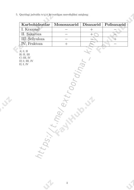 molekulasidagi –oh guruhlari soni sellyuloza a+ 3 x a) 3a b) 3a+ 6 c) a+ 3 d) 3a+ 9 e) 3a+ 3 10. 360 g glyukozaning bijg‘ishidan necha millilitr etanol (ρ = 0, 8 g/ml) hosil bo‘ladi? (mr(c2h5oh) = 46, mr(c6h12o6) = 180) a) 460 4 ht tp s: // t.m e/ ex tr oo rd in ar _k im yo b) 270 c) 184 d) 230 e) 690 5 ht tp s: // t.m e/ ex tr oo rd in ar _k im yo 11. jadvalda berilgan xarakteristikalarga ko‘ra x va y monosaxaridlarini aniqlang: monosaxaridlar molekuladagi funksional guruhlar gidroksil (–oh) karbonil (–c––o) aldegid (–cho) x + − + y + + − 1. glyukoza 2. fruktoza 3. dezoksiriboza a) x → 1, 2; y → 3 b) x → 1, 3; y → 2 c) x → 3; y → 1, 2 d) x → 1; y → 2, …