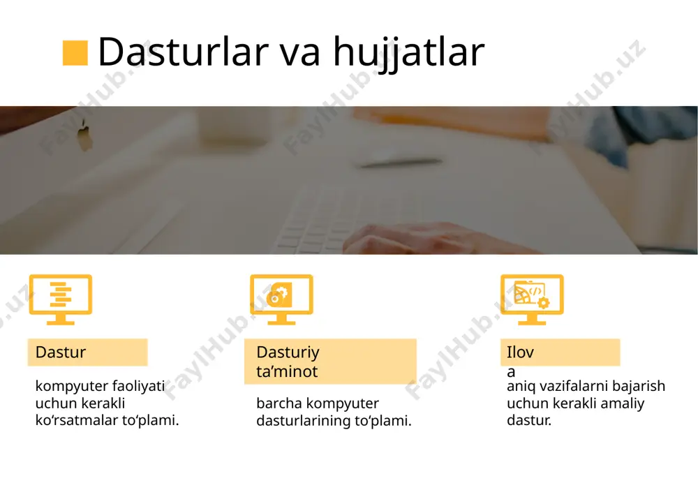 xotira sektorlari to‘plami, ularning har biri o‘z raqamiga ega. (yo‘lak, sektor). diskning mantiqiy tuzilishi fayl yozuvi: fayl nomi; faylning birinchi sektor manzili; fayl hajmi; faylning yaratilgan sanasi; faylning yaratilgan vaqiti. klaster (ingl. cluster) — sektorlar guruhini birlashtiradigan fayllarni taqsimlash jadvalidagi saqlashning mantiqiy birligi. qoidaga ko‘ra, bu faylni saqlash uchun ajratilishi mumkin bo‘lgan eng kichik disk maydoni. defragmentatsiya – disklar bo‘limining mantiqiy tuzilishini yangilash va optimallashtirish, fayllarning doimiy klasterlar qatorida saqlanishini ta'minlash. fayllarni joylashtirish jadvali (fat - file allocation table) – fayllar uchun disk maydonini yaratish. katalog fayl tizimi nomlangan fayllar guruhi (fayl nomi, uning ommaviy axborot vositalarida joylashtirilishining boshlanishi to‘g‘risida ko‘rsatma). yuqori darajadagi kataloglar guruhining bir qismi bo‘lgan katalog pastki darajadagi pastki kataloglarni o‘z ichiga olgan katalog mantiqiy diskning asosiy katalogi ota-onalik kiritilgan (ichki) nc util doc nc.exe nc.mnu help docum games sprav.txt doc1.txt doc2.txt s: katalog daraxti berilgan asosiy fayl fayl tizimi o‘z nomiga ega va uzoq muddatli xotirada …