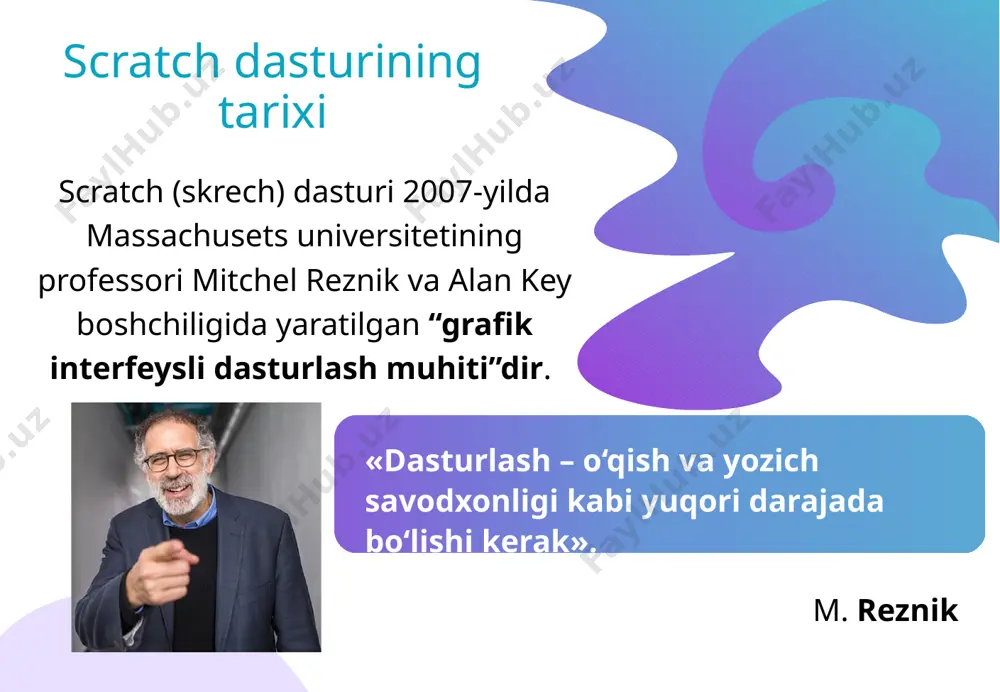 jarayonlarni boshqaradi boshqaruv tuzilmalari, hodisalarni boshqaruvchi sarlavhalar arifmetik-mantiqiy operatsiyalar yangi blok yaratish bloklar guruhlari panelining tasnifi: scratch dasturining interfeysi har bitta rangdagi blok faqat o‘ziga birkitilgan vazifalarni bajaradi. qo‘shimcha bloklar guruhlarini qo‘shish skript (dastur) – ma’lum algoritm asosida ketma-ket taxlangan rangli bloklar. scratch dasturining interfeysi costumes oynasi spraytlarni o‘zgartirish va yangi spraytlar qo‘shish yoki chizish uchun ishlatiladi. kompyuter xotirasidan spraytni yuklash syurpriz (dasturning o‘zi tanlagan tasodiffiy sprayt) sprayt chizish dastur kutubxonasidan spraytni yuklash sprayt (ingl. sprite – asraguvchi ruh, farishta) – scratch dasturi stilida yaratilgan obyekt (qahramon). spraytlar o‘z liboslari (costumes) va ularni harakatga keltiruvchi buyruqlar (skriptlar)dan tashkil topgan. scratch dasturining interfeysi sahnani kichraytirish va aksincha, kattalashtirish tugmachalari skript( dastur)ni ishga tushirish tugmachasi namoyishni xohlagan vaqtda to‘xtatish tugmachasi taqdimot holatiga o‘tadi image9.jpg image10.png image11.svg image1.png image2.svg image3.png image4.svg image5.png image6.png image7.png image8.svg image13.svg image12.png image18.png image19.svg image20.png image21.svg image22.png image23.svg image14.png image15.svg image16.png image17.svg image28.png image29.svg image30.png image31.svg image32.png image33.svg …