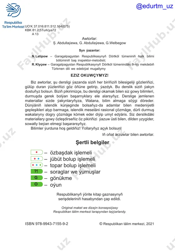 naharlary taýýarladylar. atam we enem bize sowgat berdiler. täze ýyl bu örän şatlykly baýram. ?! soraglar we ýumuşlar: 1. bu maşgala näçe adamdan ybarat? olar kimler? 2. inisiniň we uýasynyň ady kim? g gönükme 1. suratdaky maşgala agza laryna otluda ýer ýeterlimi? @edurtm_uz 5 g gönükme 2. aşakdakylaryň arasyndan diňe maşgala agzalaryny aňladýan sözleri aýdyň. bu sözler näçe harpdan we sesden ybarat. eje, aga, ata, goňşy, mugallym, jigi, dogan, ene, baba, jora, ussa. türkmen dilinde 30 ses we 30 harp bar. sesi aýdýarys we eşidýäris. harpy ýazýarys we okaýarys. harp sesiň ýazuw belgisi. g gönükme 3. okaň we şäher atlaryny depderiňize göçürip ýazyň. özbegistan respublikasynda samarkant, buhara, hywa we kokant ýaly gadymy şäherler bar. şäherlerde we obalarda dürli millet wekilleri agzybir ýaşaýarlar we zähmet çekýärler. nusga: samarkant, o oýun: «mylaýym edip aýtmaly». eje-ejejan kaka- daýy- jigi- uýa- @edurtm_uz 6 rebusy okaň. gyş gyşda sowuk bolýar. gyşda gar ýagýar. gyşda adamlar …