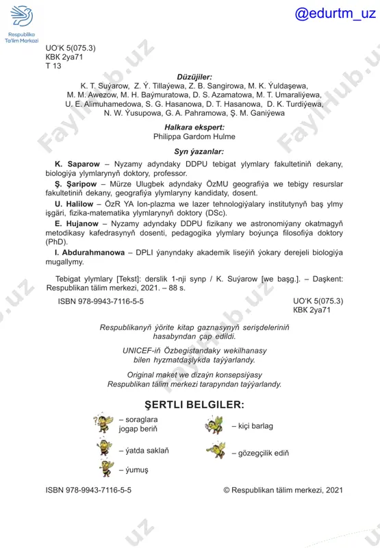 amaly sapak 30-njy tema. sesleri emele getirmek..........................78 9-njy bap. hereket 31-nji tema. hereket näme?................82 amaly sapak 32-nji tema. hereket nähili emele gelýär?..................84 33-nji tema. jemleýji ders....................86 1-nji bap. bizi gurşaýan älem 1-nji tema. men gözleýjidirin!...............6 amaly sapak 2-nji tema. janly we jansyz tebigaty öwrenýäris.........................8 3-nji tema. janly organizmler..............10 2-nji bap. ösümlikler 4-nji tema. ösümlikleriň ösmegi üçin nämeler zerur?...........14 5-nji tema. ösümlikleriň köpdürlüligi....16 amaly sapak 6-njy tema. ösümlikleriň gurluşy.........18 taslama işi 7-nji tema. ösümlikleri ekmek we ideg etmek...................20 3-nji bap. haýwanlar 8-nji tema. haýwanlaryň ýaşamagy üçin nämeler zerur?...........24 9-njy tema. haýwanlaryň köpdürlüligi.......................26 10-njy tema. haýwanlaryň ösüşi.........28 amaly sapak 11-nji tema. haýwanlaryň ähmiýetini öwrenýäris.......................30 4-nji bap. howa ýagdaýy 12-nji tema. howa ýagdaýy näme?.....34 amaly sapak 13-nji tema. howanyň temperaturasyny ölçemek...........................36 14-nji tema. ygalyň görnüşleri.............38 5-nji bap. ýylyň pasyllary 15-nji tema. güýz................................42 16-njy tema. gyş.................................44 17-nji tema. bahar...............................46 18-nji tema. tomus..............................48 m a z m u n y amaly sapak 19-njy tema. ýylyň …