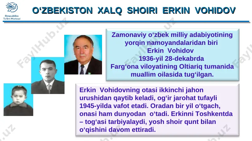 sizga” “aql va yurak” “mening yulduzim” erkin vohidov ijodiyoti 1961-yilda 1962-yilda 1963-yilda 1964-yilda “nido”- shoirning ilk dostoni “nido”- shoirning ilk dostoni erkin bohidov asarlarida hayotga, go‘zallikka muhabbat, yovuzlikka, tubanlikka nafrat yaqqol sezilib turadi. “nido”da insoniyatga og‘ir judoliklar, bitmas jarohatlar keltiradigan urush qattiq qoralangan. * “nido”- shoirning ilk dostoni nido so‘zining ma’nosi ? “nido” arabcha so‘z bo‘lib, “xitob”, “murojaat”, “da’vat”, “hayqiriq” ma’nolarini anglatadi ya’ni biror his-tuyg‘uni ifodalovchi ovoz, tovushni bildiradi. * bu doston ikkinchi jahon urushiga bag‘ishlangan bo‘lib, insoniyat boshiga tushgan og‘ir judoliklar, musibatlar badiiy tasvirlarida qattiq qoralanadi. shoir savodini chiqaradigan paytlar shu urush davriga to‘g‘ri kelgan. bu urushning oqibatini shoir o‘z so‘zlarida ifodalar ekan, tarjimaiy holi bilan bog‘likdek go‘yo. mustaqil bajarish uchun topshiriqlar: 1. erkin vohidovning hayoti va ijodini o‘qing. shoirning mazmunli ijodi haqida so‘zlab bering. 2. nido so‘zining ma’nosi bilan qiziqib ko‘ring, tushunganingizni yozing. 3. she’riyat olamini qanday tasavvur qilasiz? o‘rtoqlaringiz bilan fikrlashing.